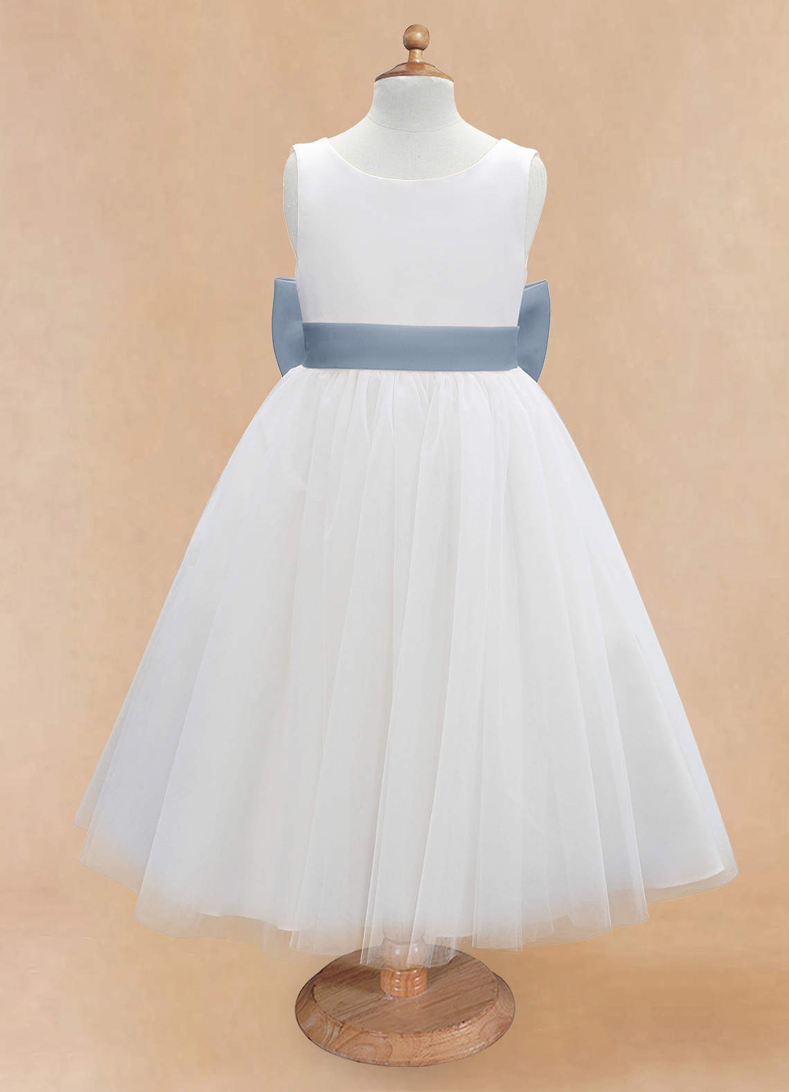 Azazie Kavi Flower Girl Dresses Ivory Dusty Blue A-Line Bow Matte Satin Dress image6