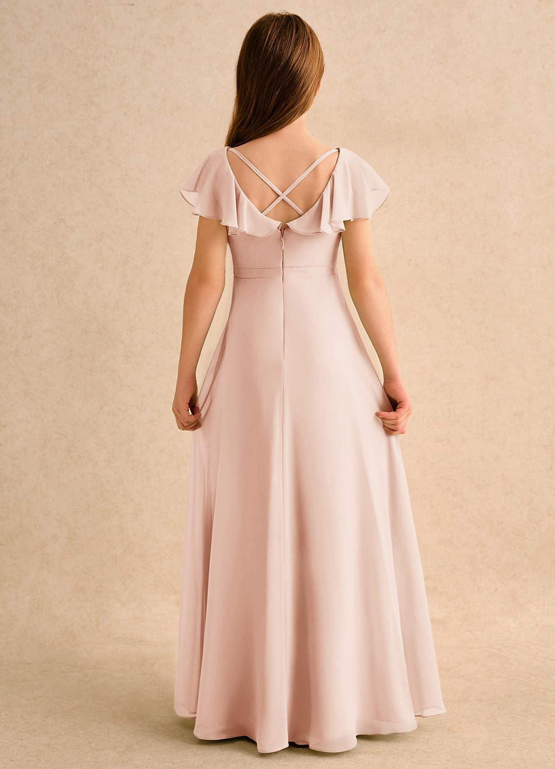 Azazie Nari Girls Formal Flower Girl Dresses English Rose A-Line with Sleeves Chiffon Dress image6