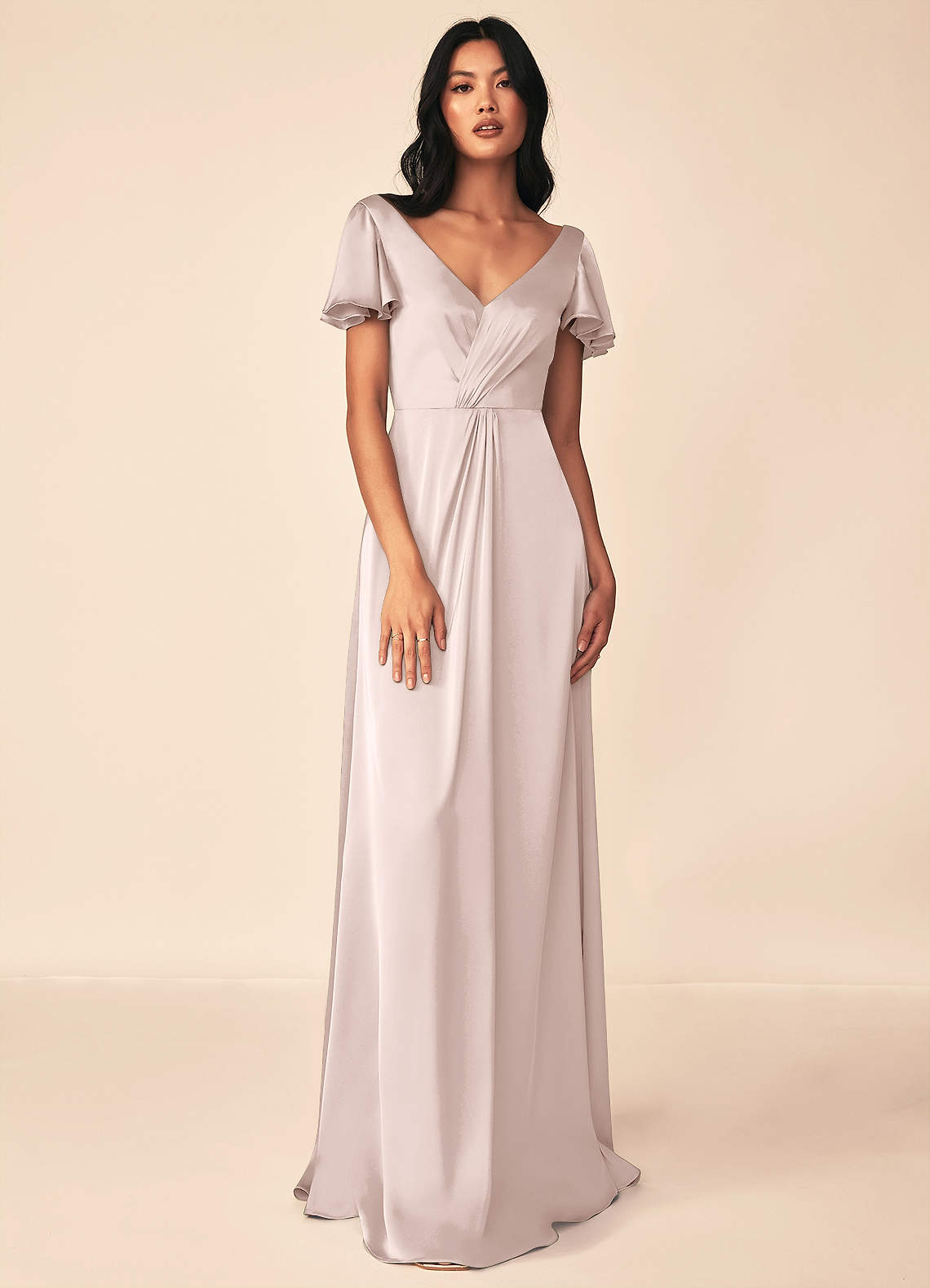 Azazie Soren Bridesmaid Dresses Blushing Pink A-Line Pleated Stretch Satin Dress image1