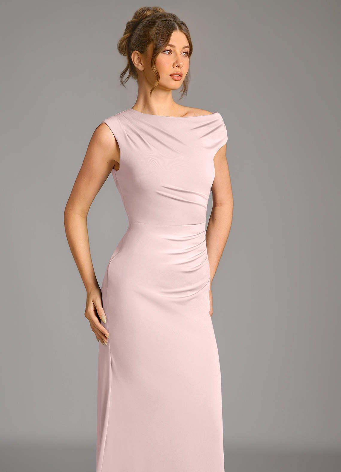 Azazie Nazanin Bridesmaid Dresses Blushing Pink Mermaid Off the Shoulder Premium Stretch Jersey Dress image6
