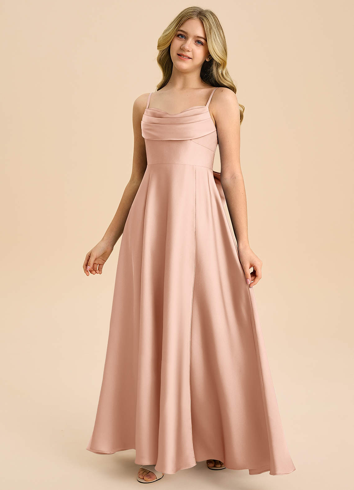 Azazie Bear Junior Rose Gold A-Line Sweetheart Neckline Stretch Satin Dress image3