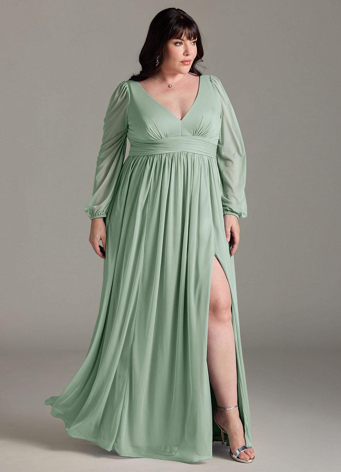 Azazie Norah Abiti da Damigella Abito A-Line in Chiffon con Maniche lunghe e Scollo a V Agave image8