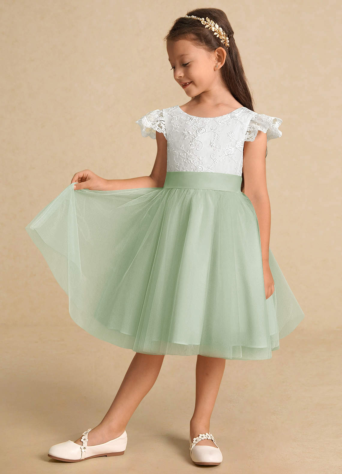 Azazie A Line Princess Scoop Neck Knee Length Lace Flower Girl Dresses Diamond White