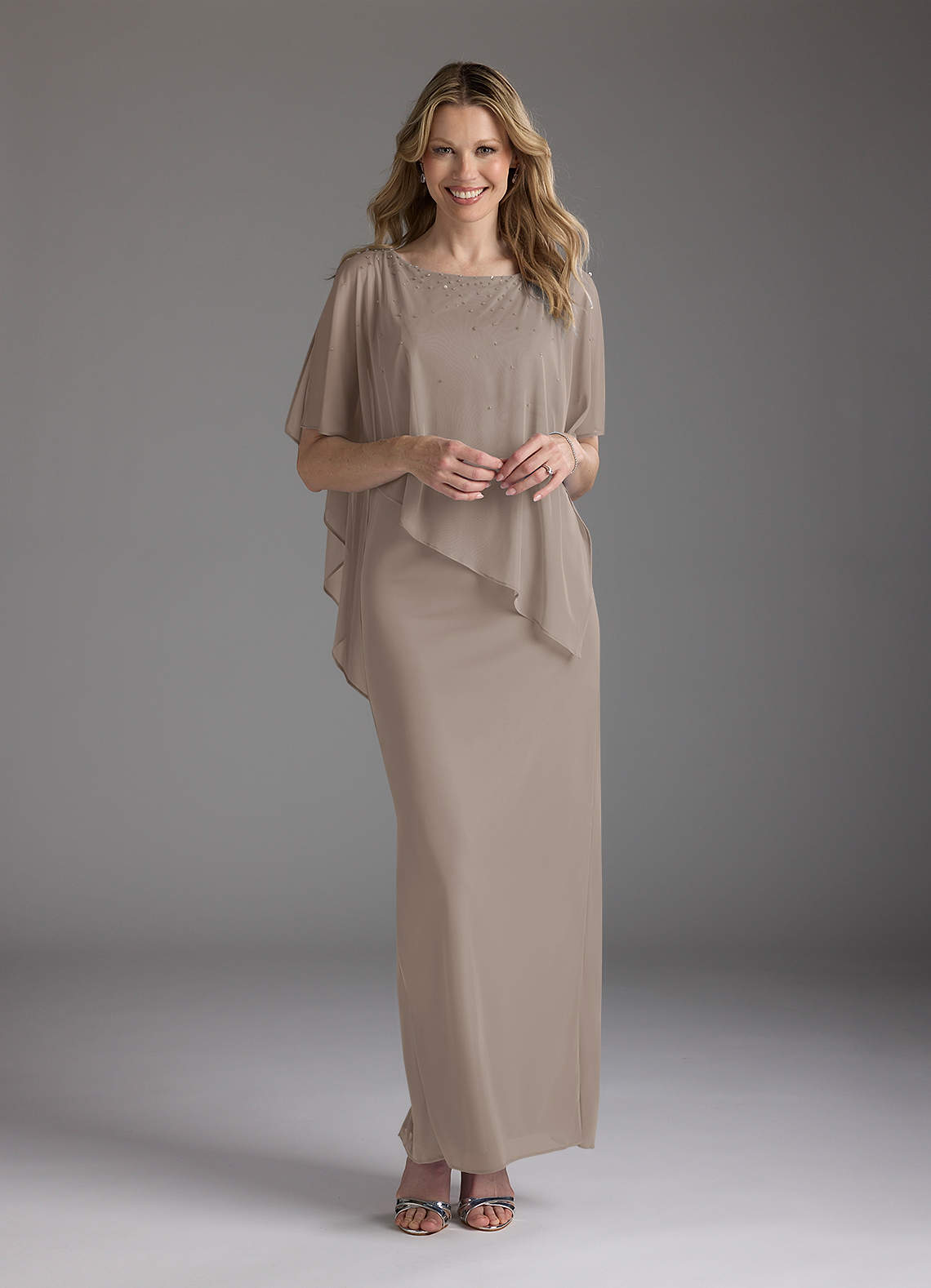Azazie Aspyn Taupe Sheath Beaded Mesh Dress Ready to Ship | Azazie CA