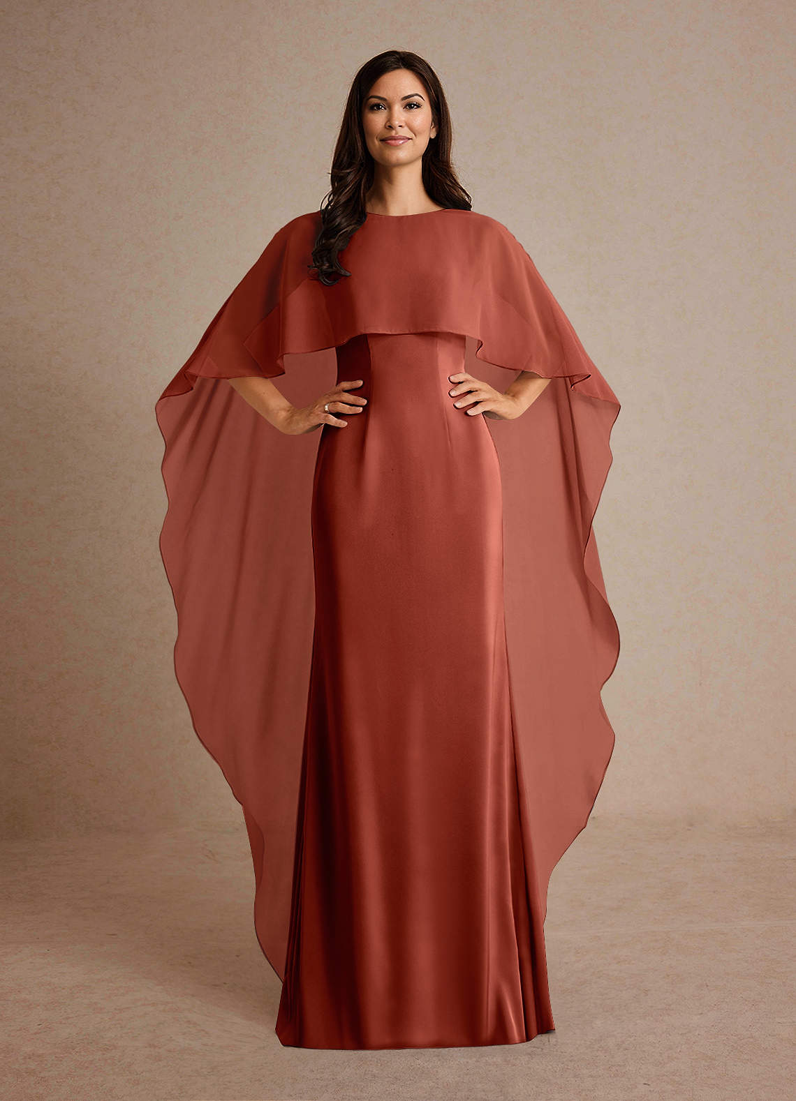 Azazie Milfred vestidos de madre de la novia Vestido de Terracota de Satén Elástico de Recto con Cuello de barco image1