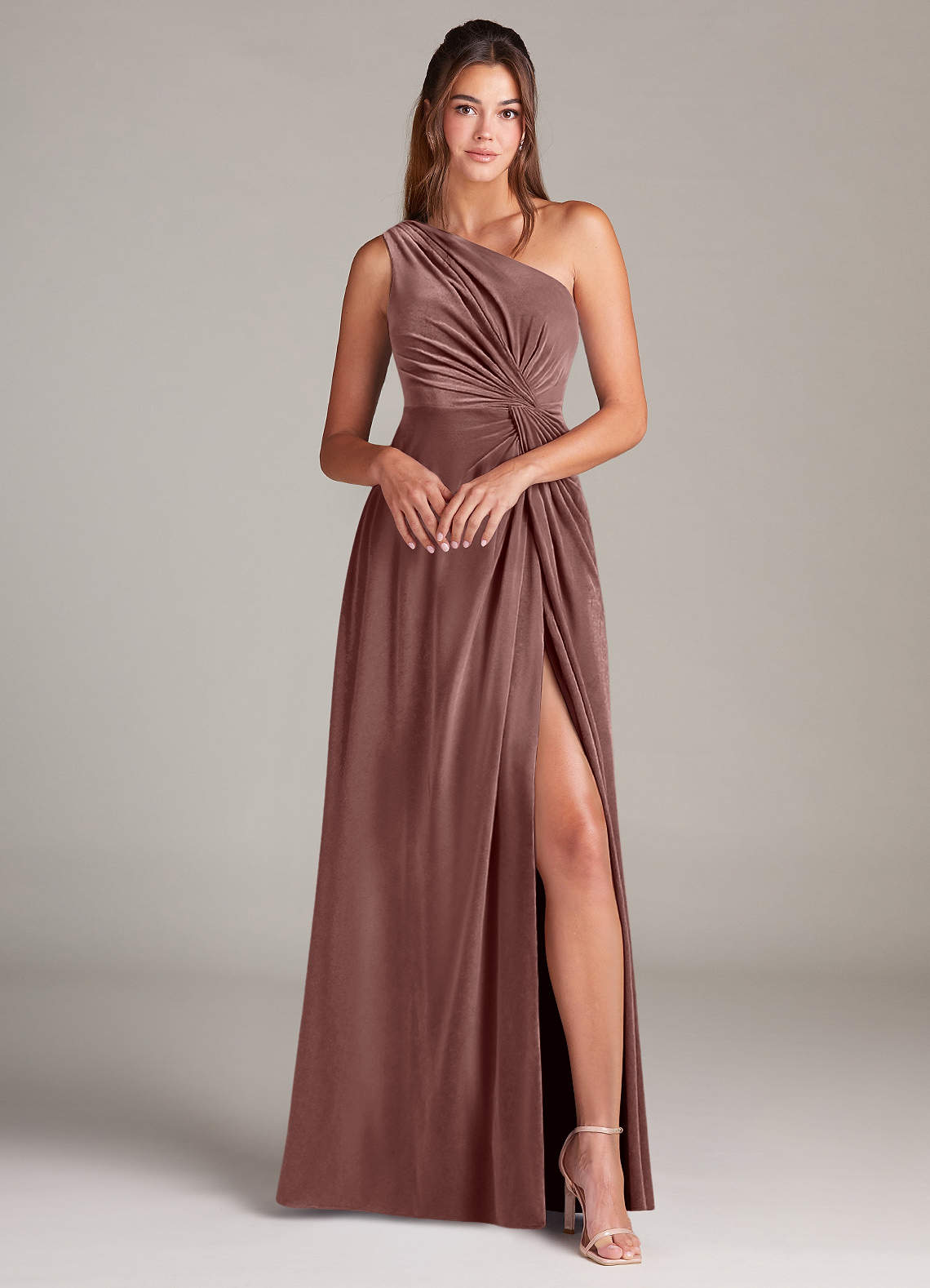 brooke one shoulder dress Azazie Brooke Ready to Ship Espresso Velvet Bridesmaid Dresses