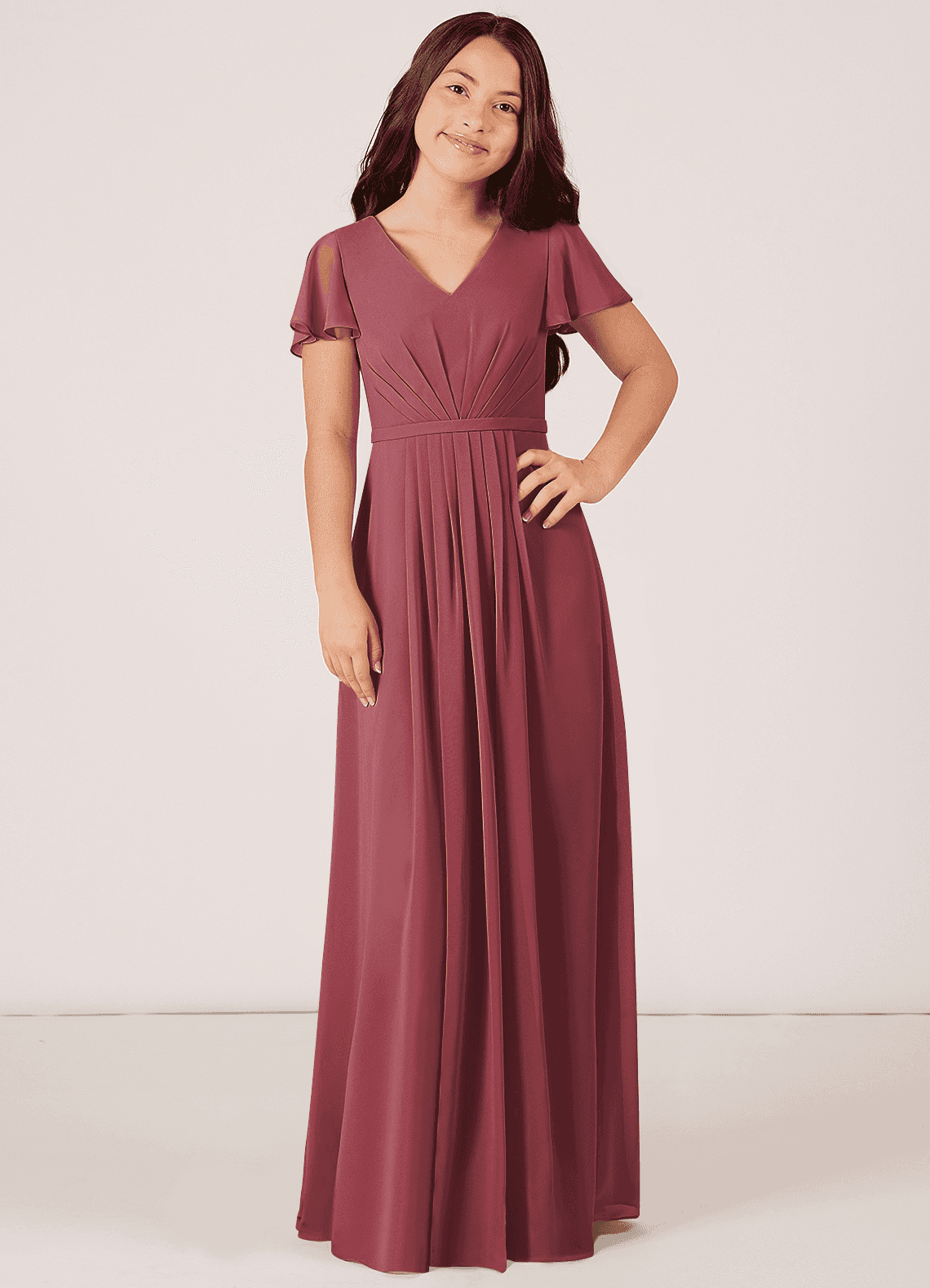 Azazie Peony Junior Merlot A-Line Pleated Chiffon Dress image1