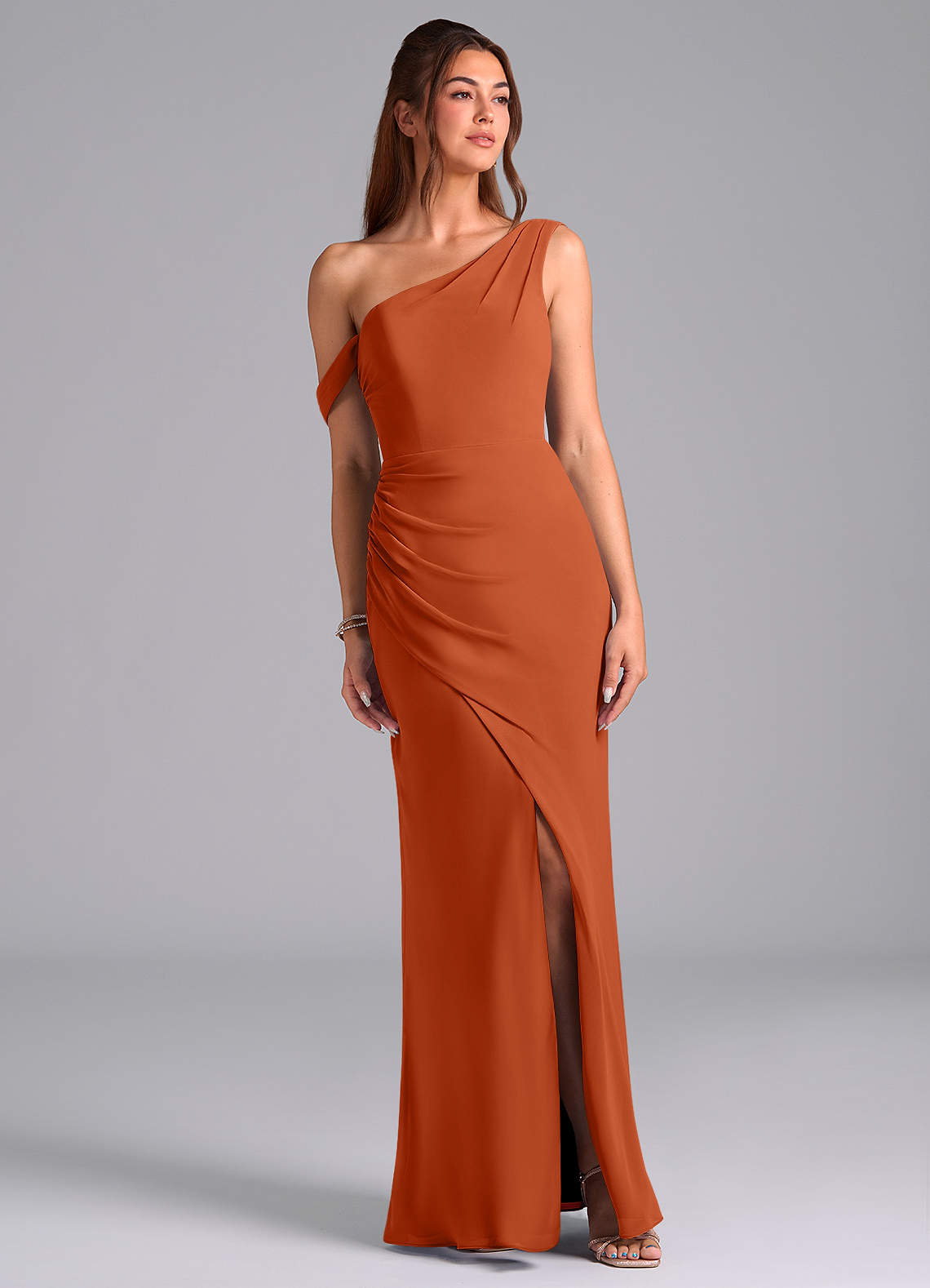 Azazie Madelyn Bridesmaid Dresses Burnt Orange Mermaid Off the Shoulder Chiffon Convertible Dress image1