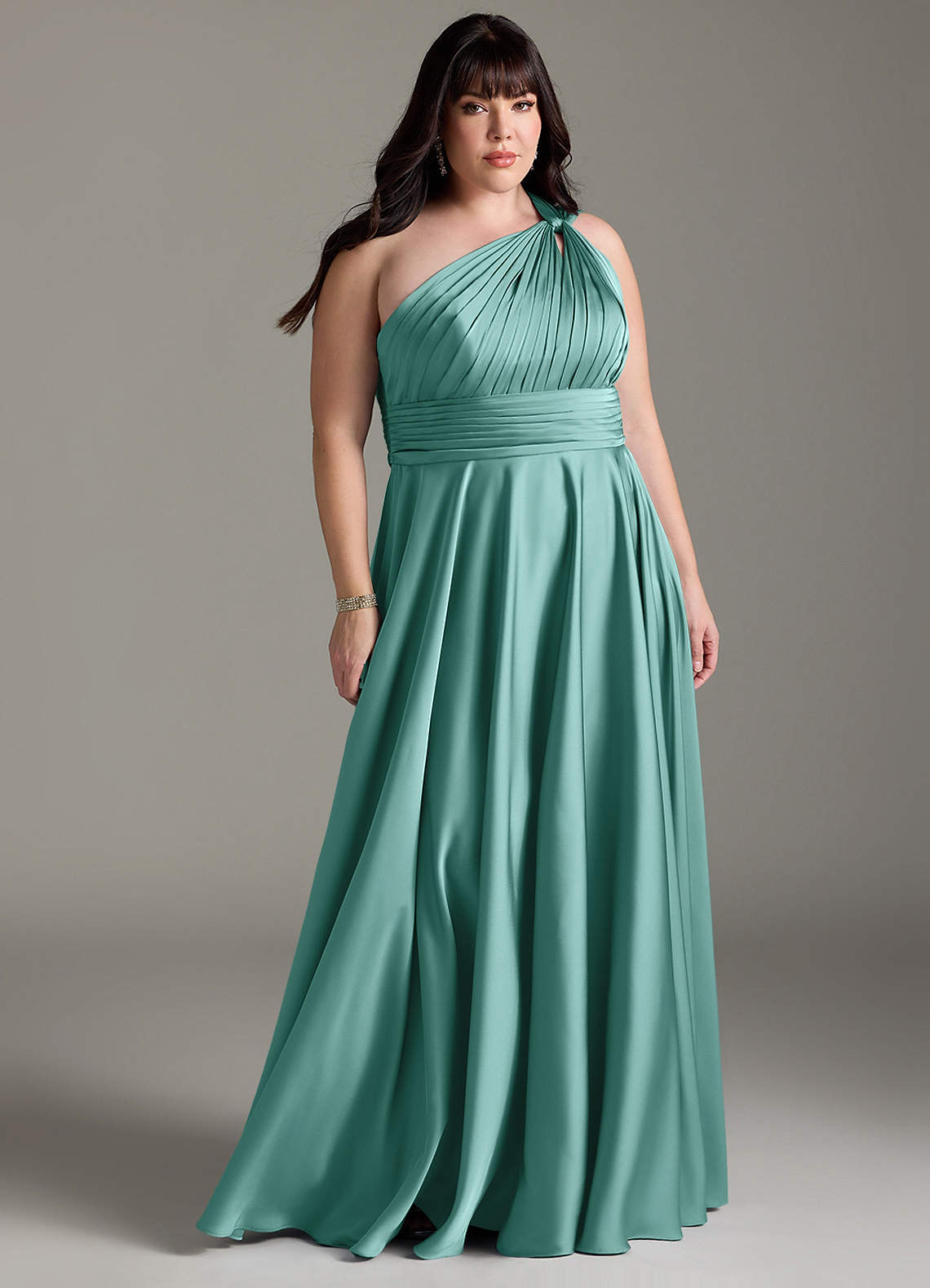 Azazie Charlize Bridesmaid Dresses Aqua A-Line One Shoulder Stretch Satin Dress image1