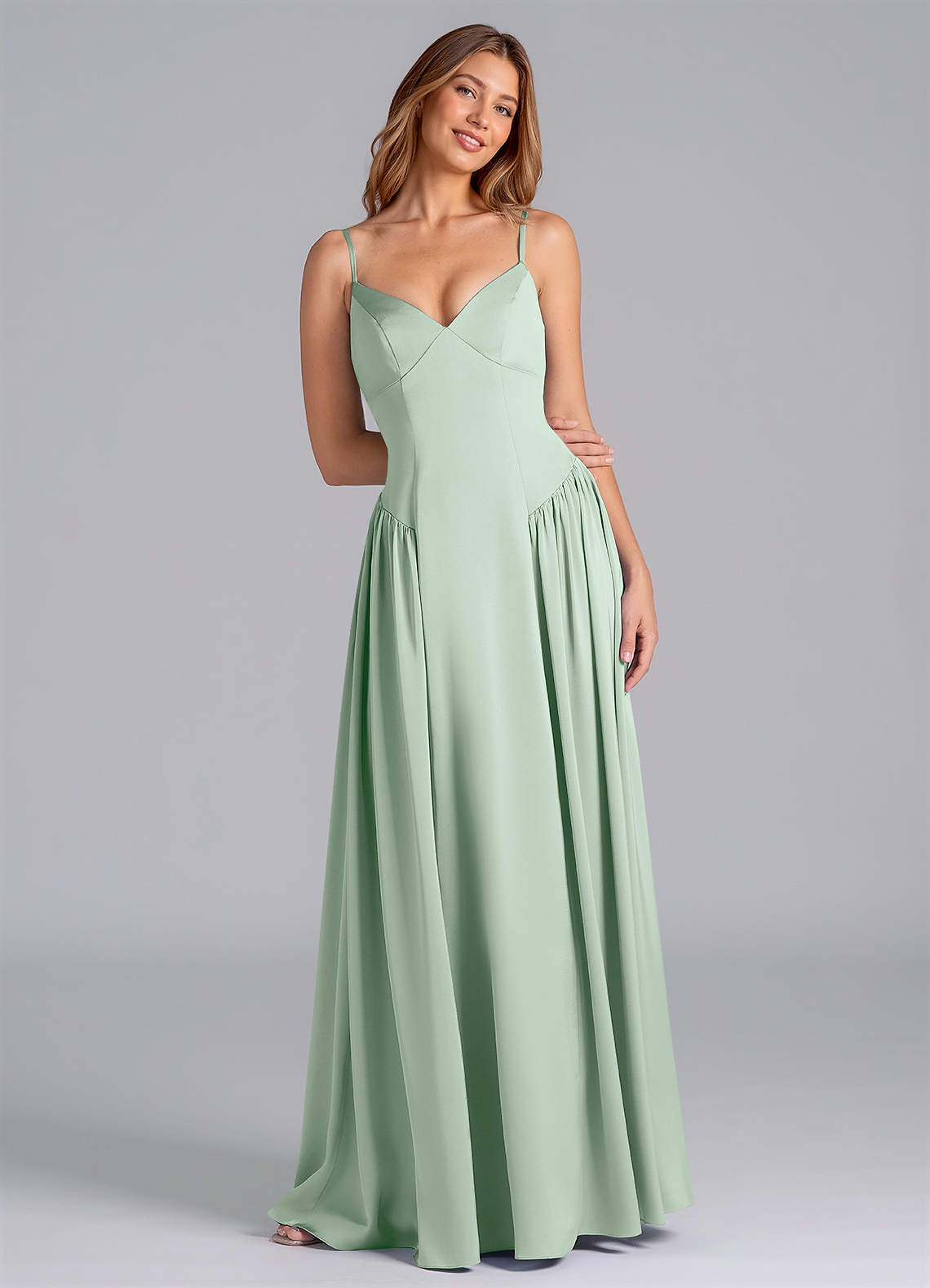 Azazie Kirby Bridesmaid Dresses Agave A-Line Stretch Satin Dress image1