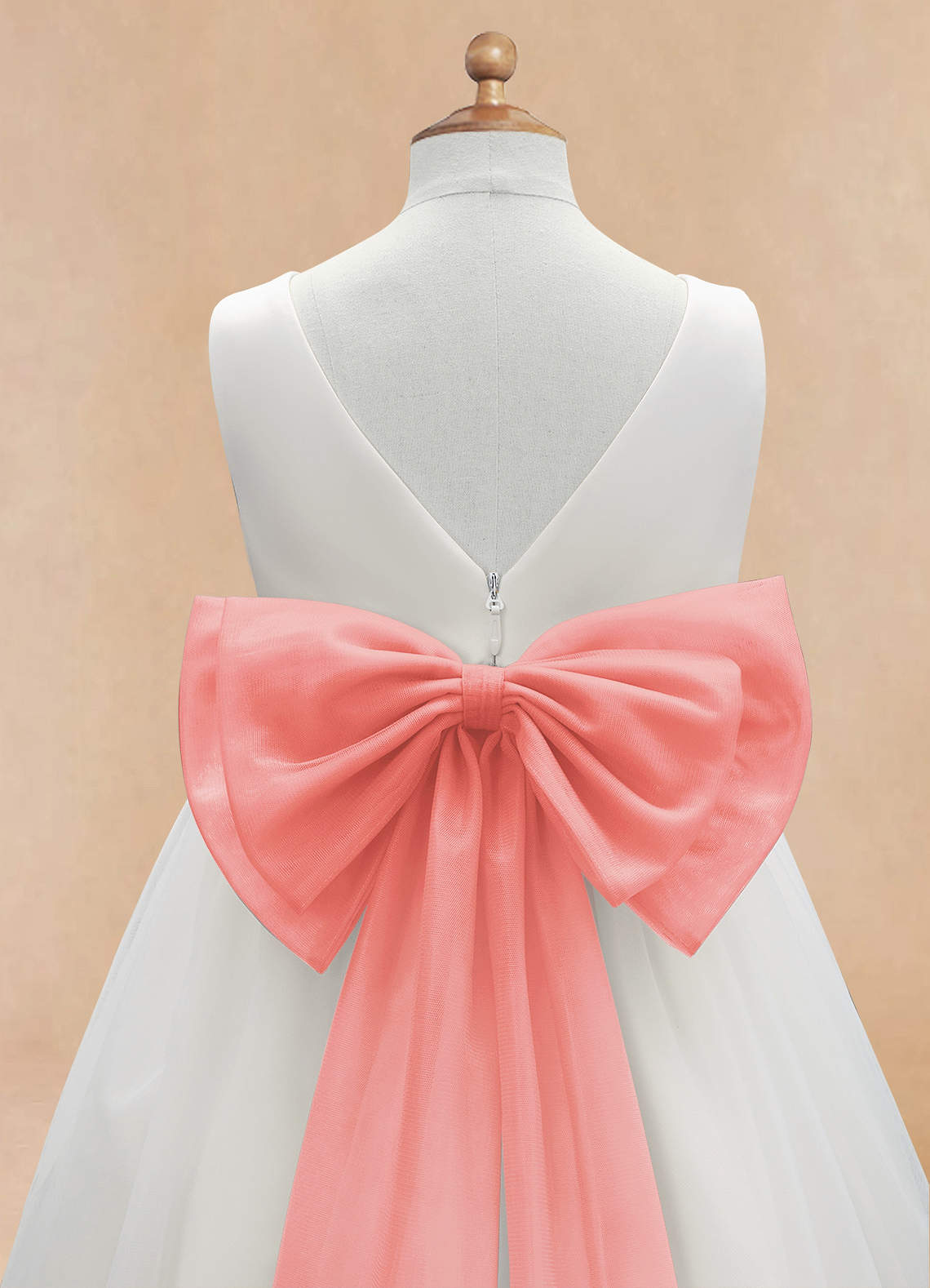Azazie Kavi Flower Girl Dresses Ivory Coral A-Line Bow Matte Satin Dress image9