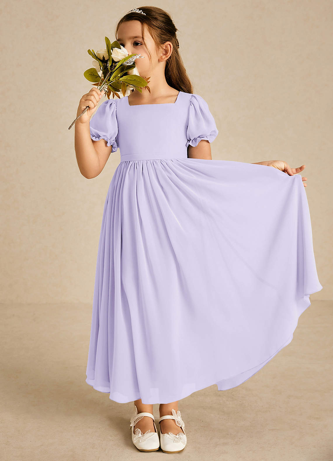 Azazie Joss vestidos de niña de las flores Vestido de Lila de Gasa de Corte En A con Con mangas image1