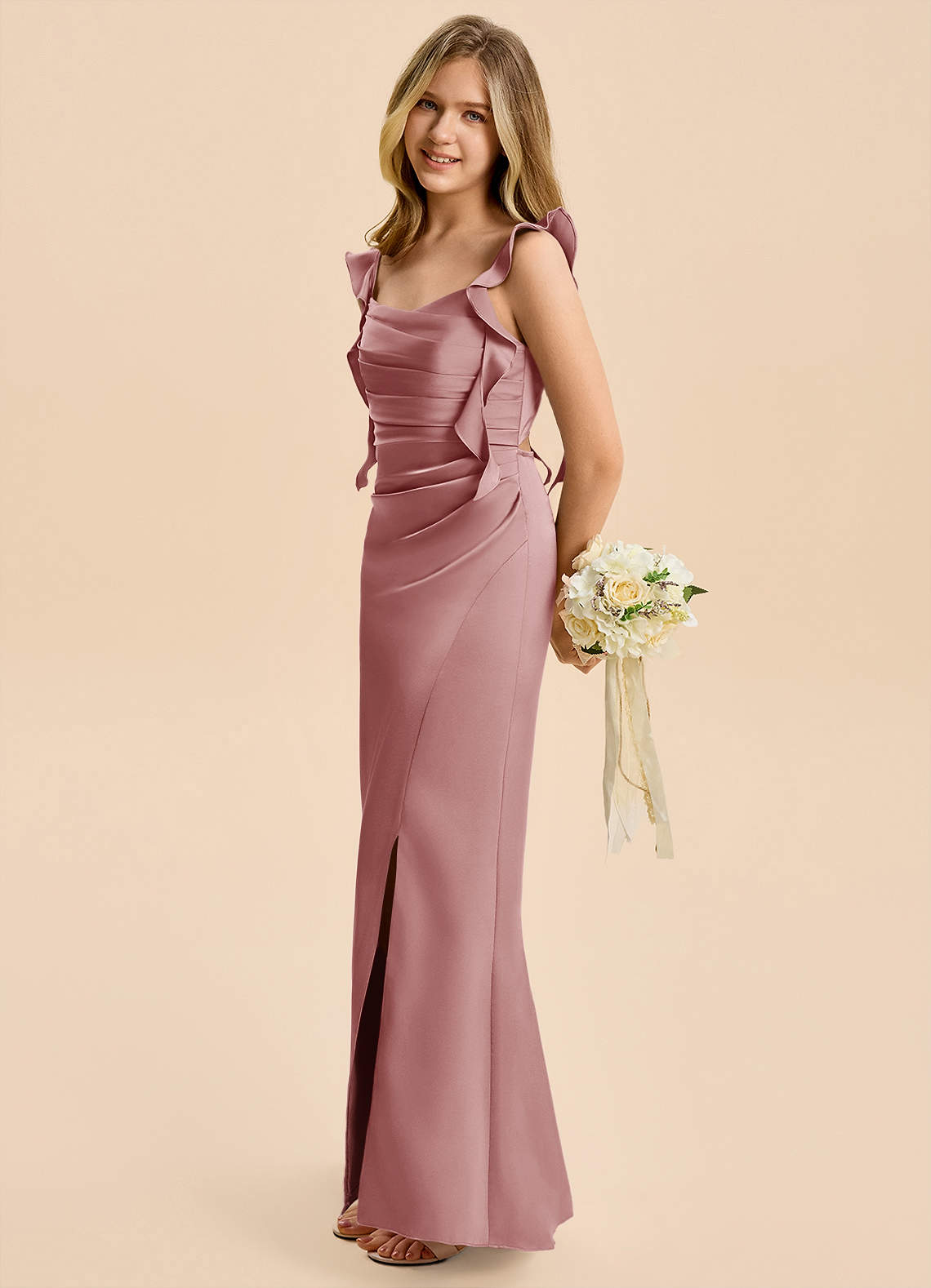 Azazie Jessamine Junior Dusty Rose A-Line Ruched Stretch Satin Dress image6