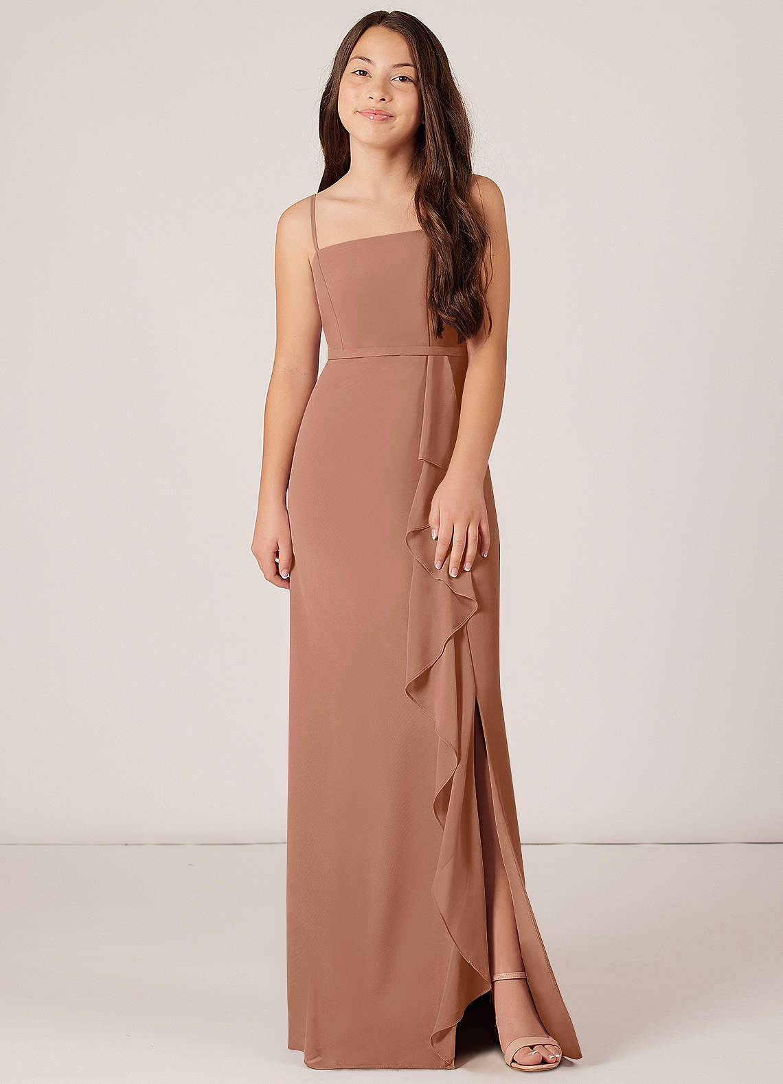 Azazie Kaylee Junior Bronzer A-Line with Belt Chiffon Dress image1