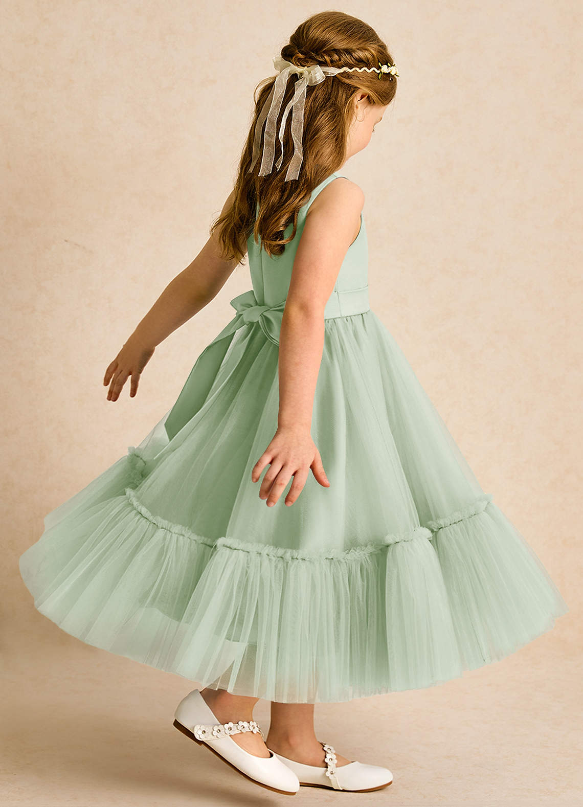 Azazie Miracle Flower Girl Dresses Dusty Sage A-Line Bow Matte Satin Dress image4