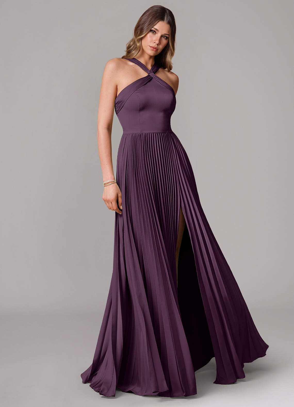 Azazie Afra Bridesmaid Dresses Plum A-Line Pleated Stretch Satin Dress image1