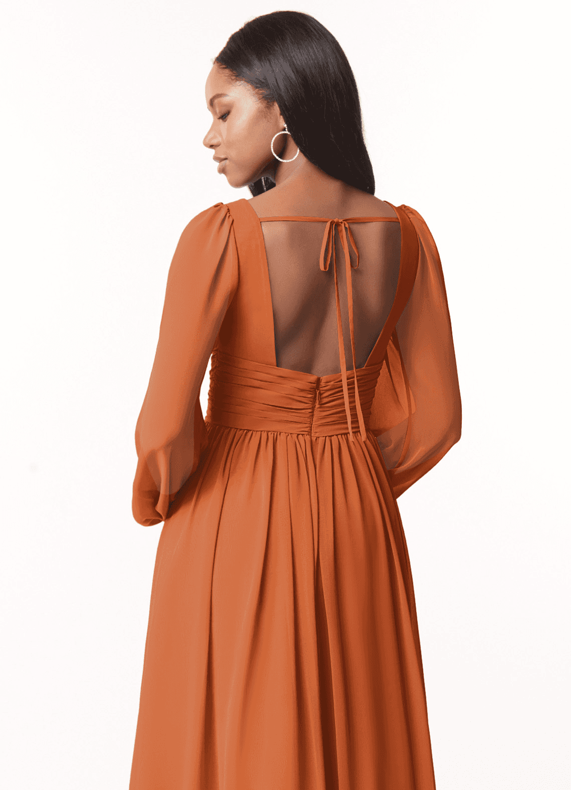 Azazie Norah Bridesmaid Dresses Cinnamon A-Line V-Neck Long Sleeve Chiffon Dress image2