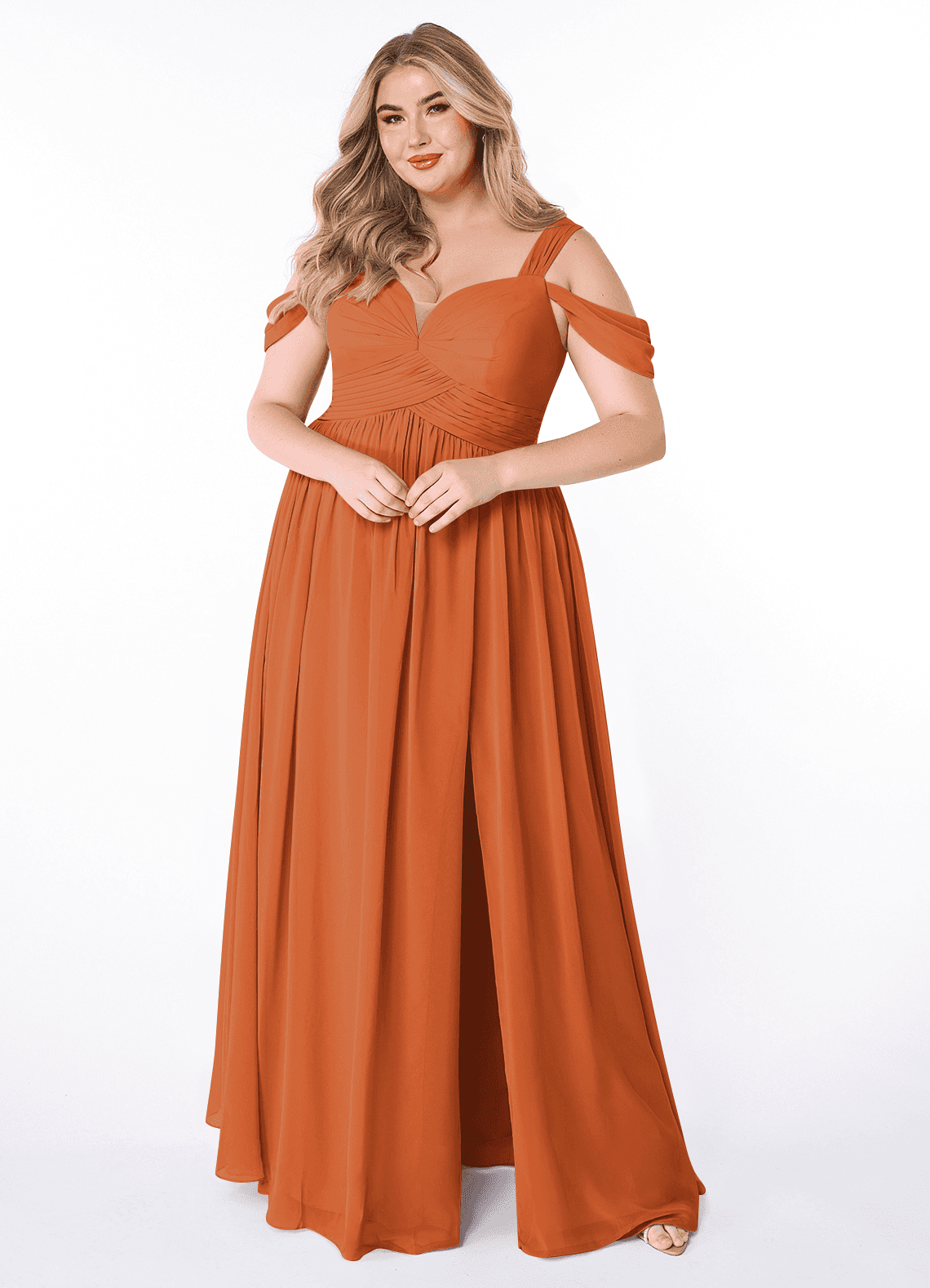 Azazie Lianne Bridesmaid Dresses Cinnamon A-Line Off the Shoulder Chiffon Dress image1