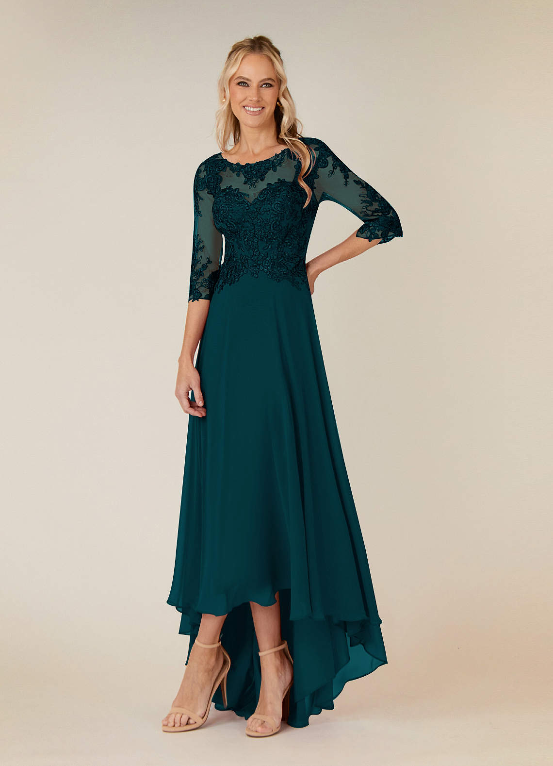 Azazie Monza Pine A-Line Lace Chiffon Dress Ready to Ship | Azazie Azazie Monza Pine A-Line Lace Chiffon Dress Ready to Ship | Azazie
