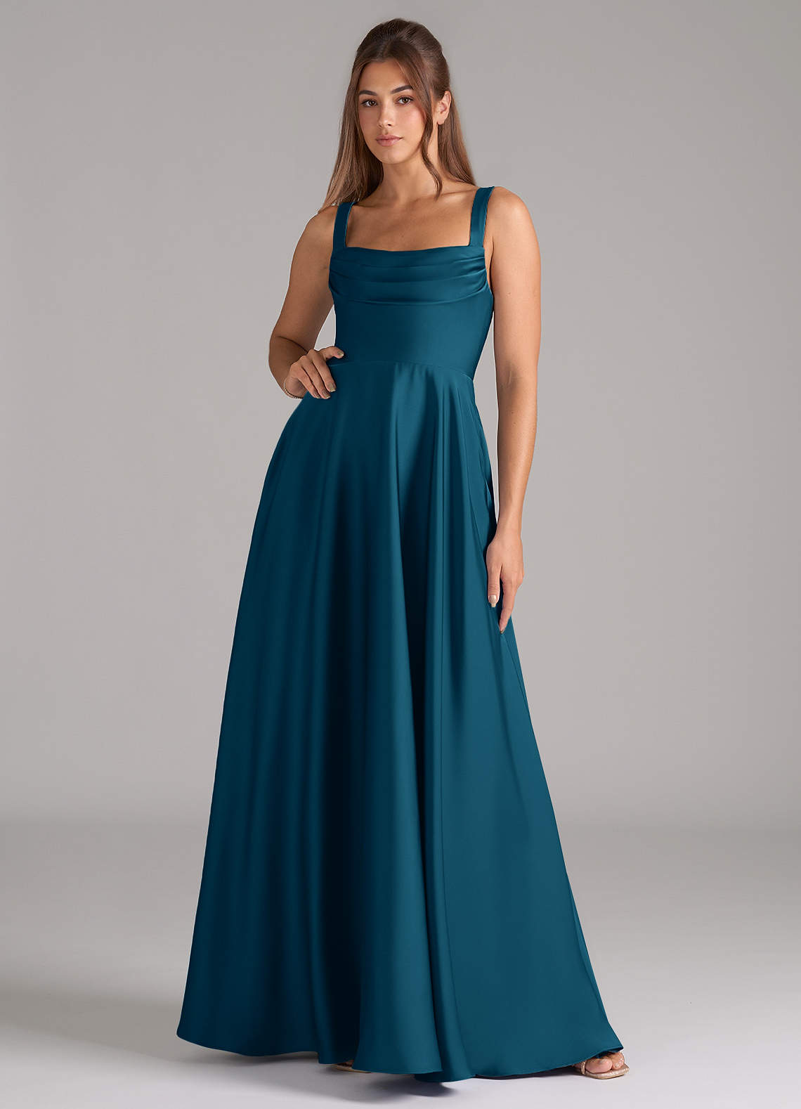 Azazie Shaude Bridesmaid Dresses Ink Blue A-Line Pleated Stretch Satin Dress image1
