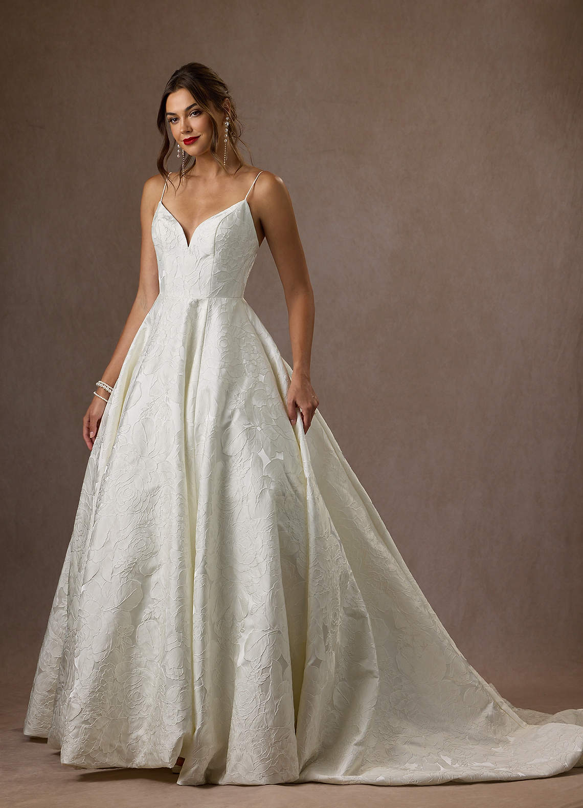 Azazie Astoria Antique White Ball-Gown with Pockets Floral Jacquard Dress