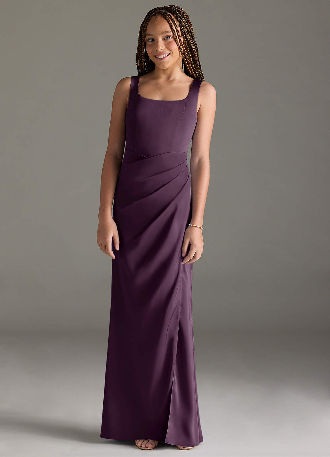 Azazie Mero Junior Plum Mermaid Pleated Stretch Satin Dress image1