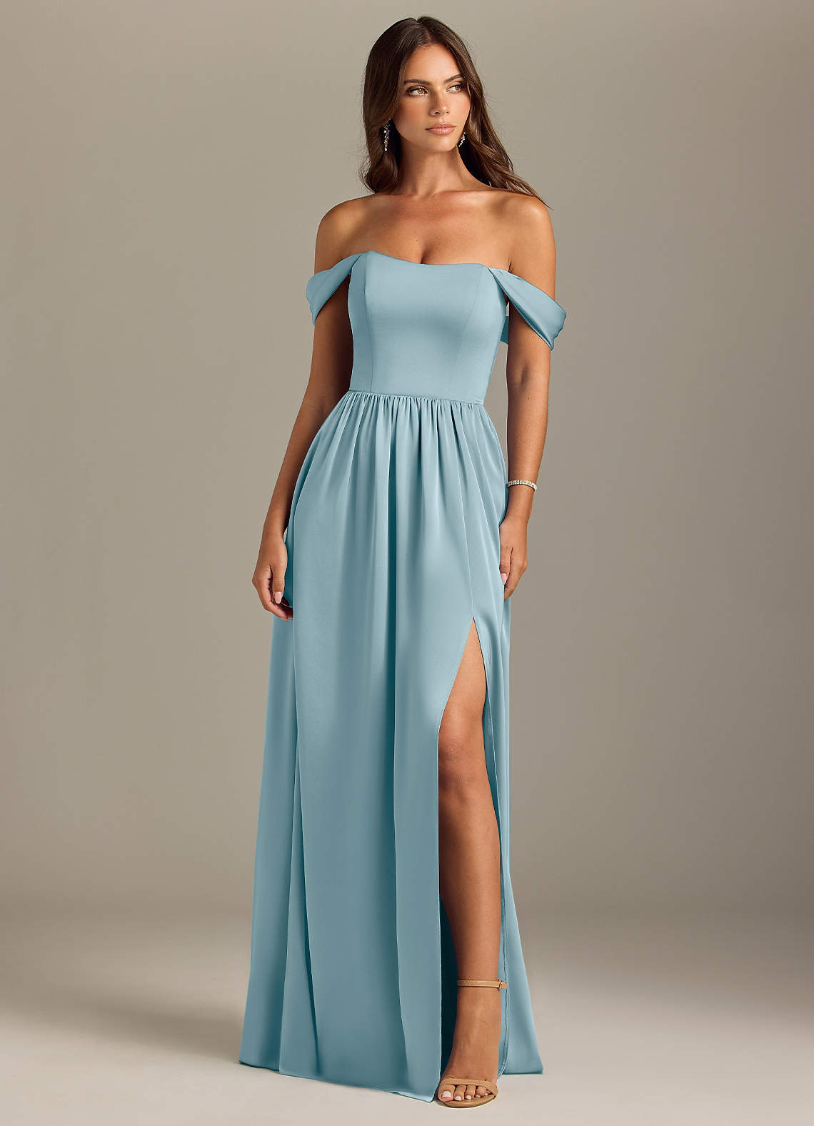 Azazie Calianna Bridesmaid Dresses Moody Blue A-Line Off the Shoulder Stretch Satin Convertible Dress image1