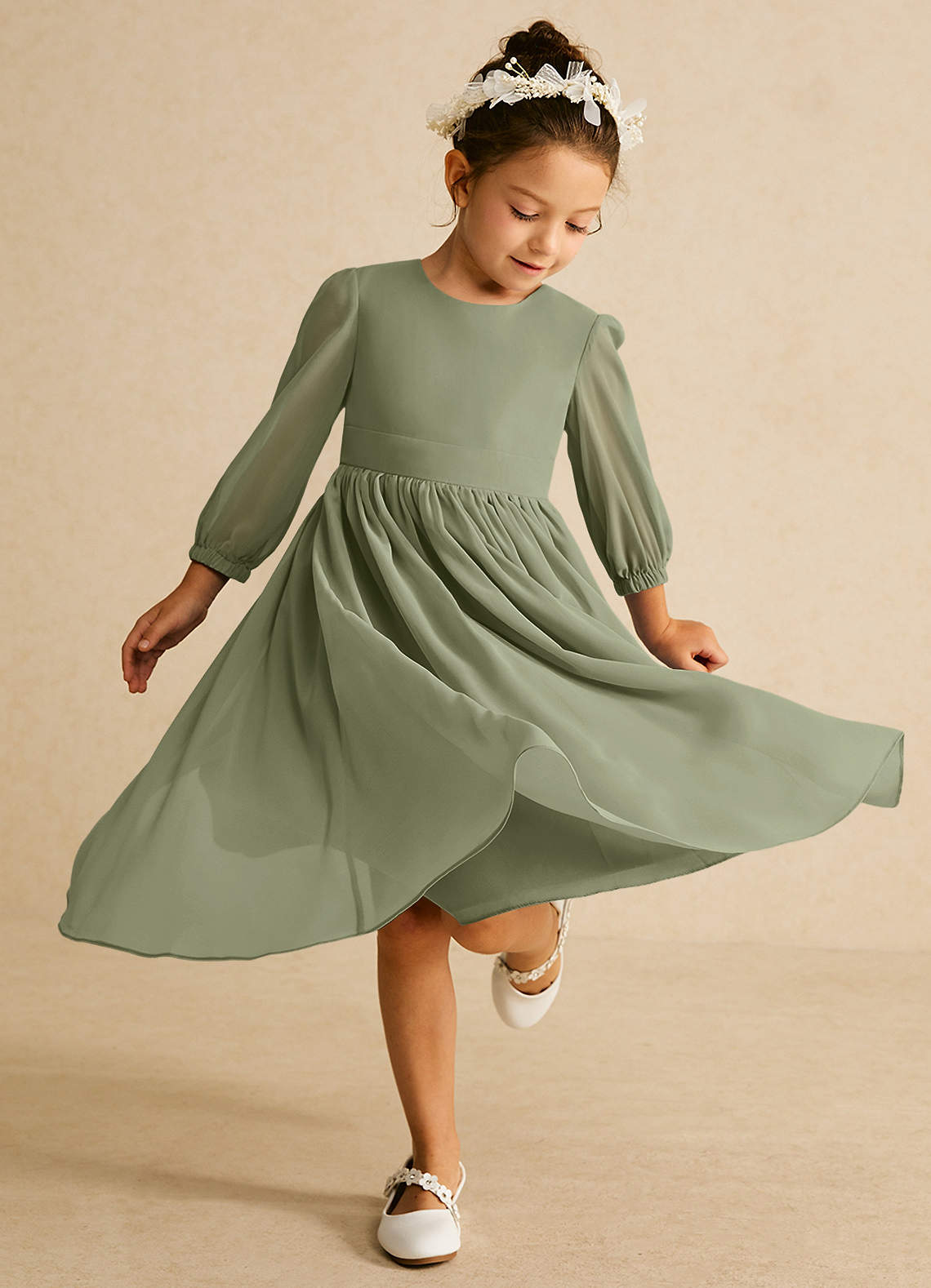 Azazie Lolo Flower Girl Dresses Pistachio A-Line with Sleeves Chiffon Dress image1