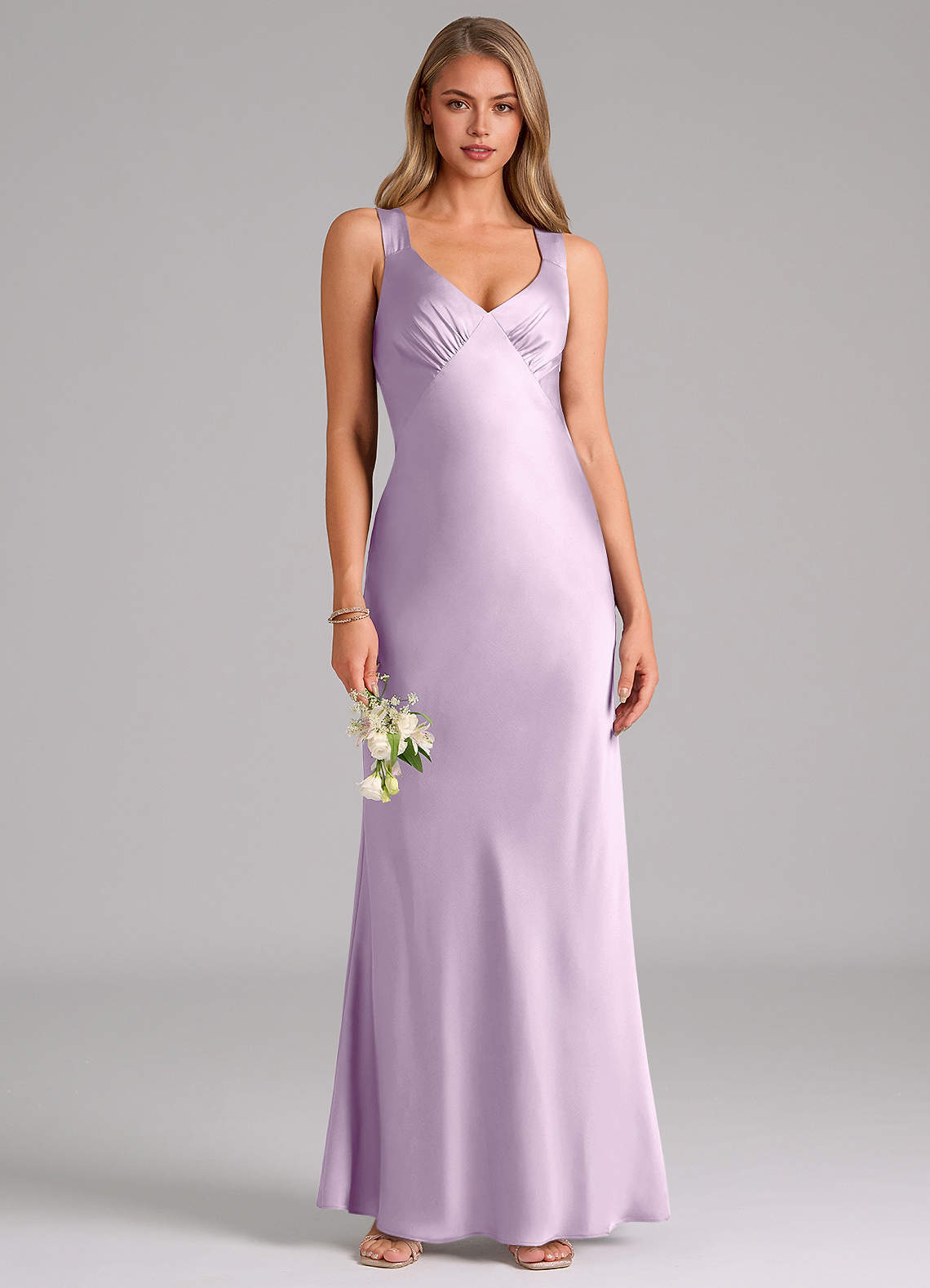 Azazie Kamila Bridesmaid Dresses Frosted Lilac A-Line Pleated Stretch Satin Dress image1