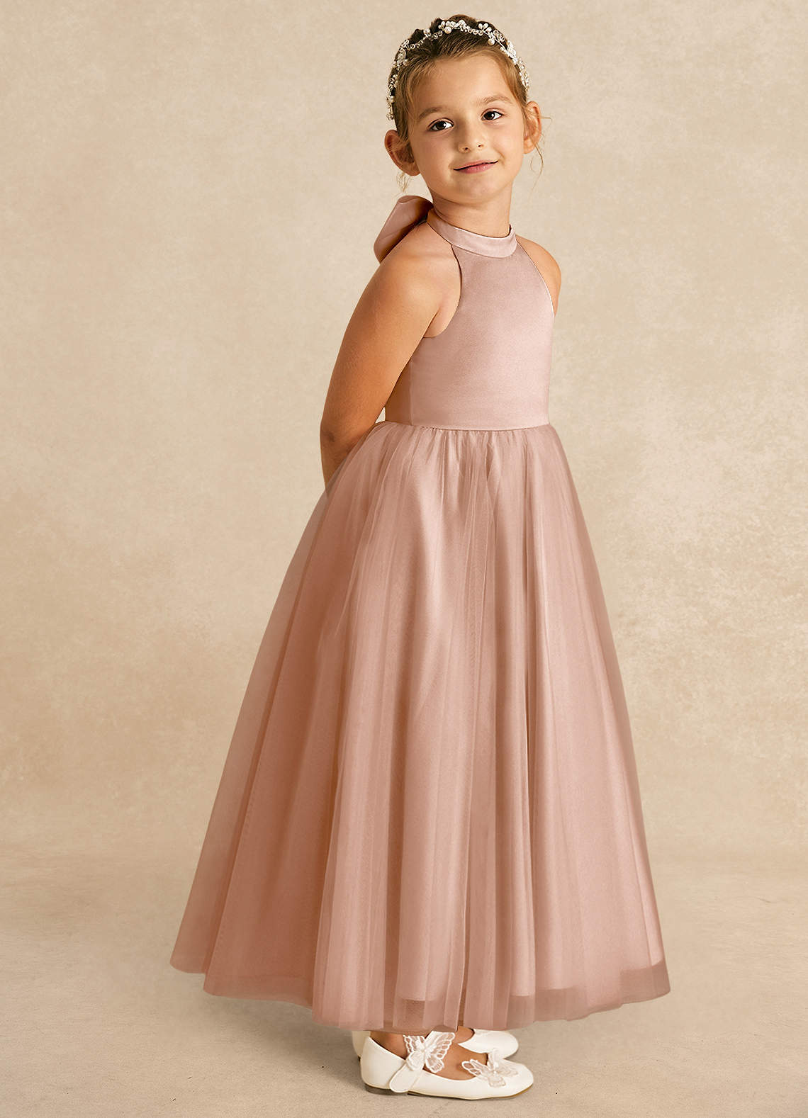 Azazie Bev Flower Girl Dresses Champagne Rose A-Line Convertible Tulle Dress image7