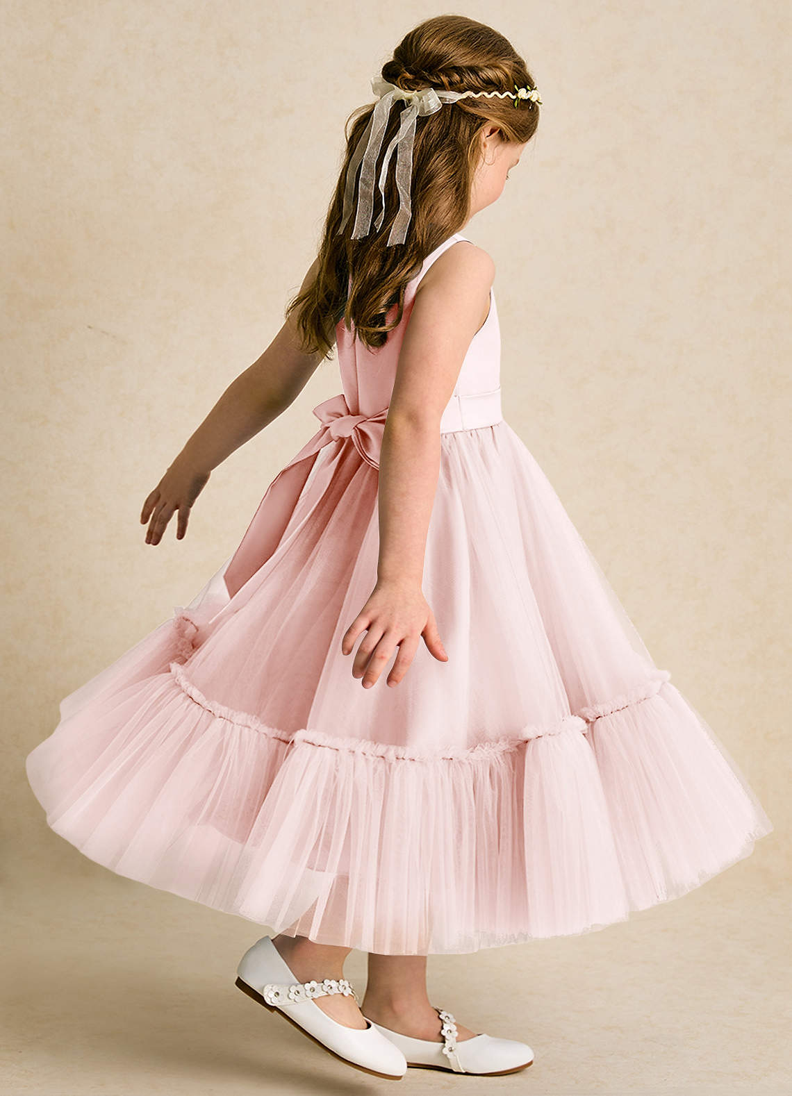 Azazie Miracle Flower Girl Dresses Blushing Pink A-Line Bow Matte Satin Dress image4