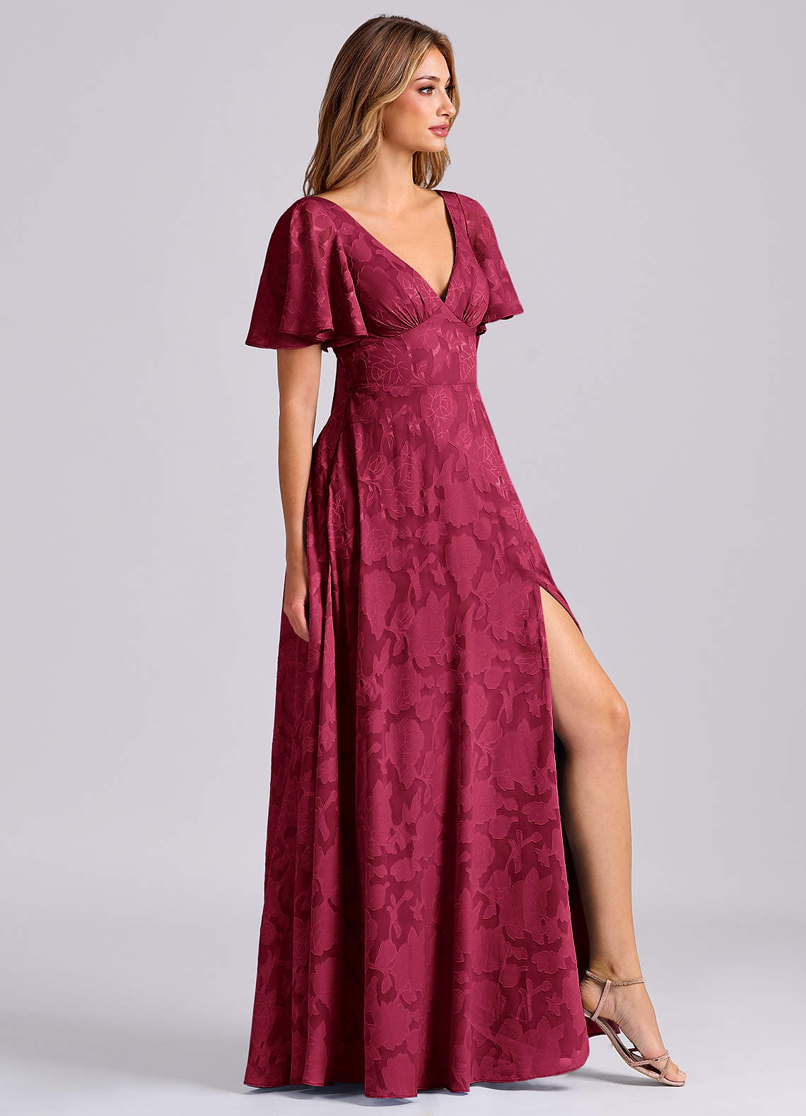 Azazie Kimber Bridesmaid Dresses Burgundy A-Line with Pockets Floral Burnout Dress image3
