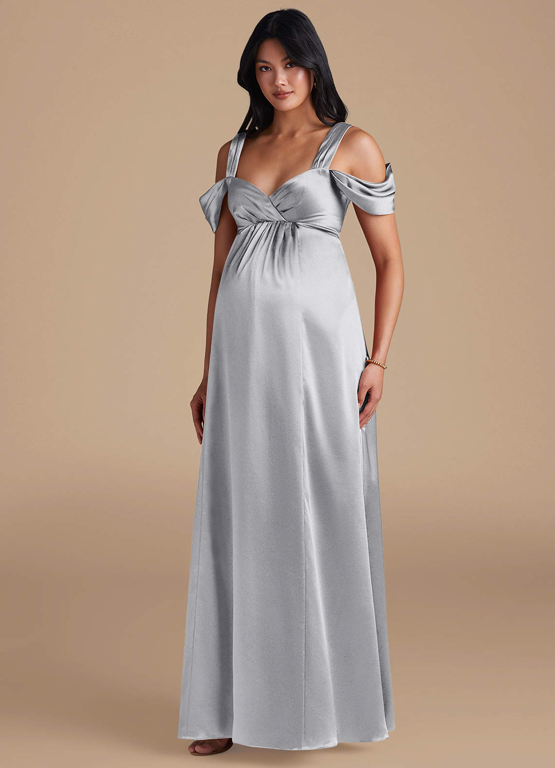 Azazie Rhea Maternity Bridesmaid Dresses A-Line Pleated Metallic Satin Floor-Length Dress image1