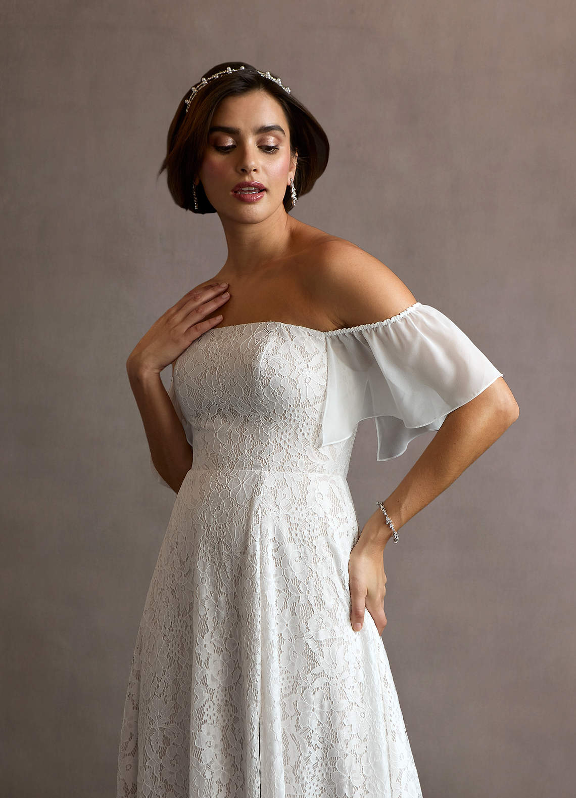 Azazie Cambri Diamond White Nude A-Line Off the Shoulder