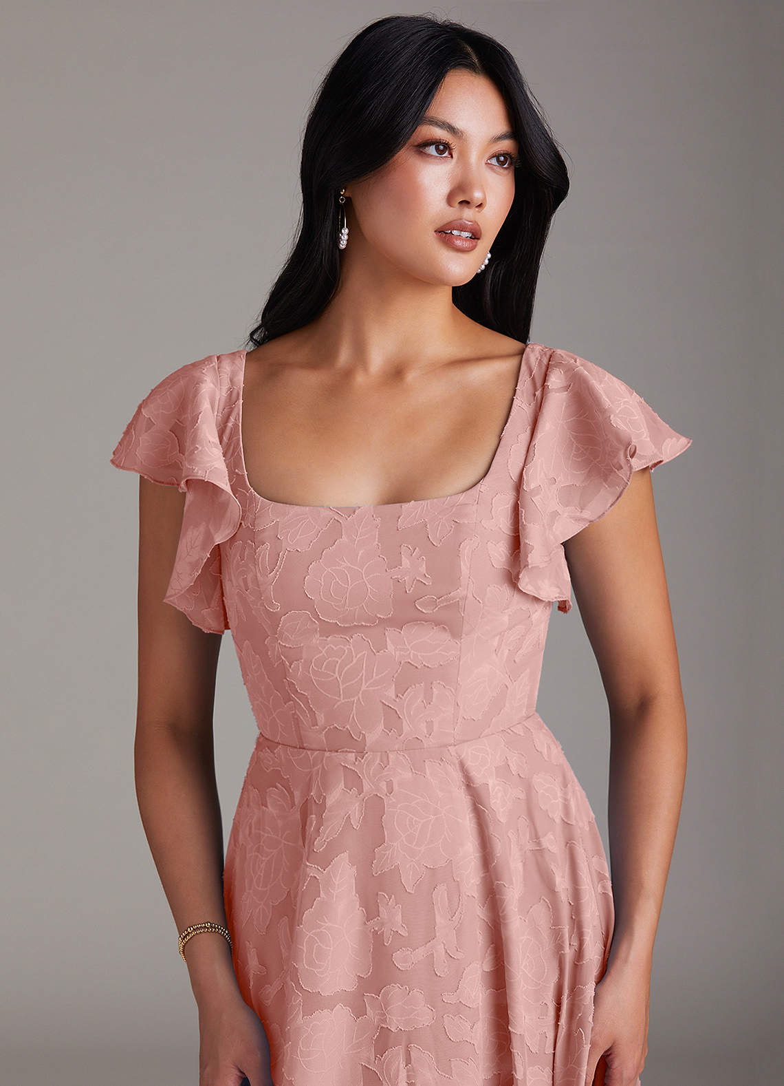 Azazie Bondi Vestidos de madrinha de casamento Vestido Roseta de Esgotamento Floral de Linha A com Racha Lateral image5
