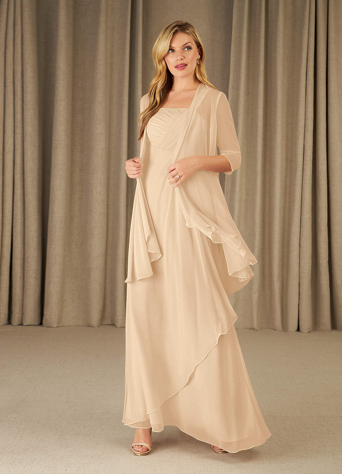 Azazie Weisz Mother of the Bride Dresses Sand A-Line Square Neckline Pleated Chiffon Dress image1