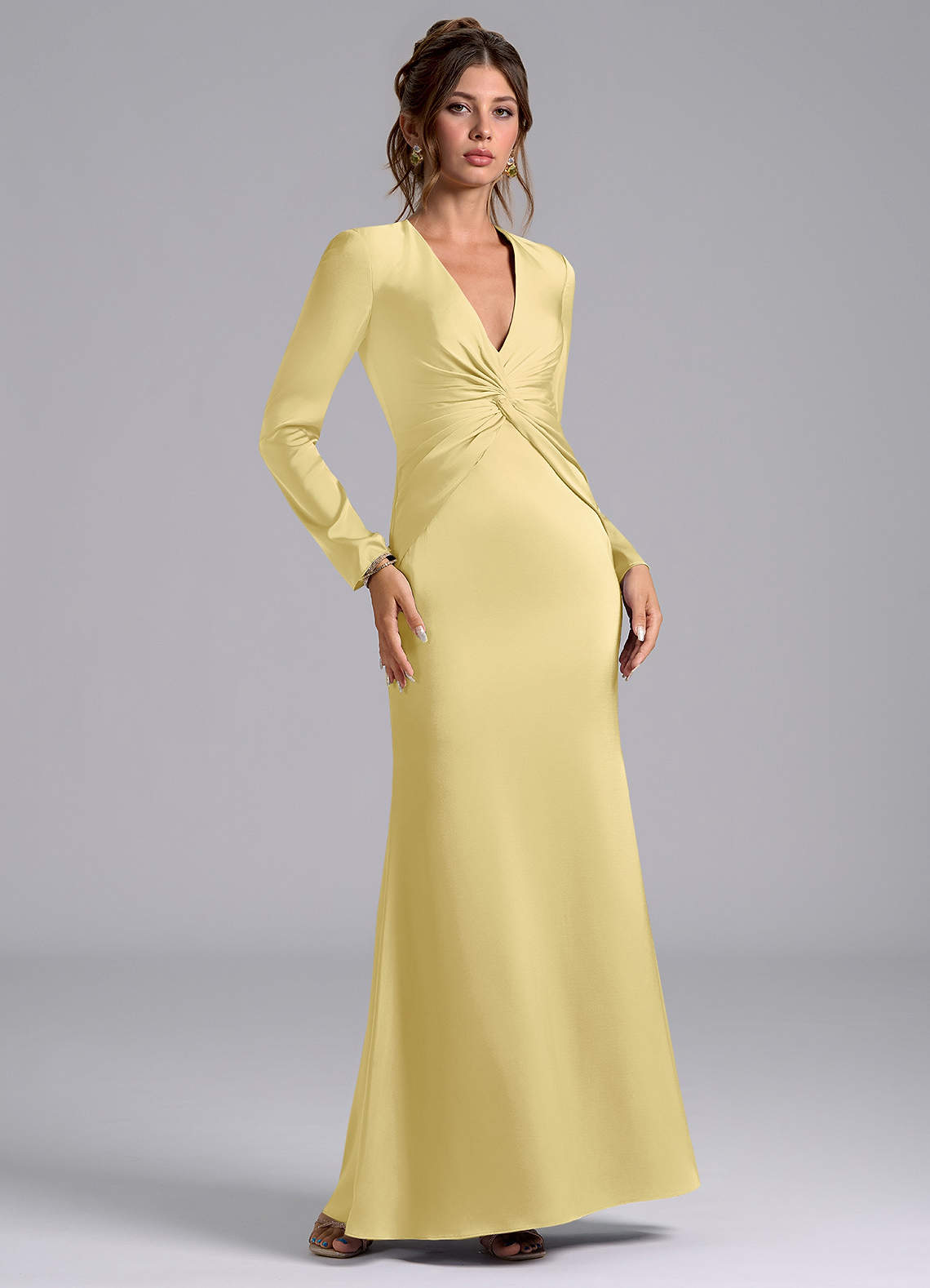 Azazie Valerie Bridesmaid Dresses Lemon Sorbet Mermaid Long Sleeve Stretch Satin Dress image1