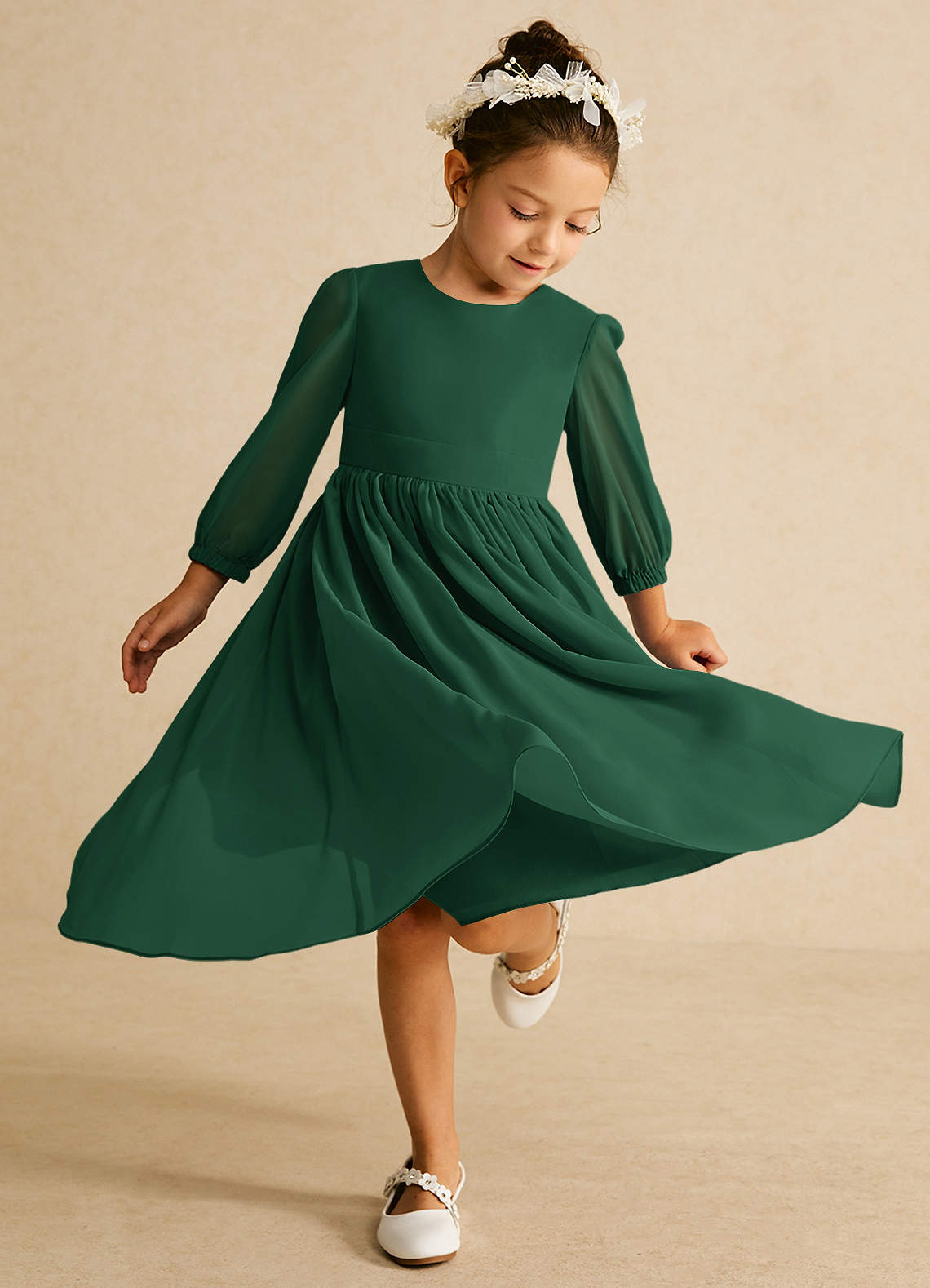 Azazie Lolo Flower Girl Dresses Dark Green A-Line with Sleeves Chiffon Dress image1