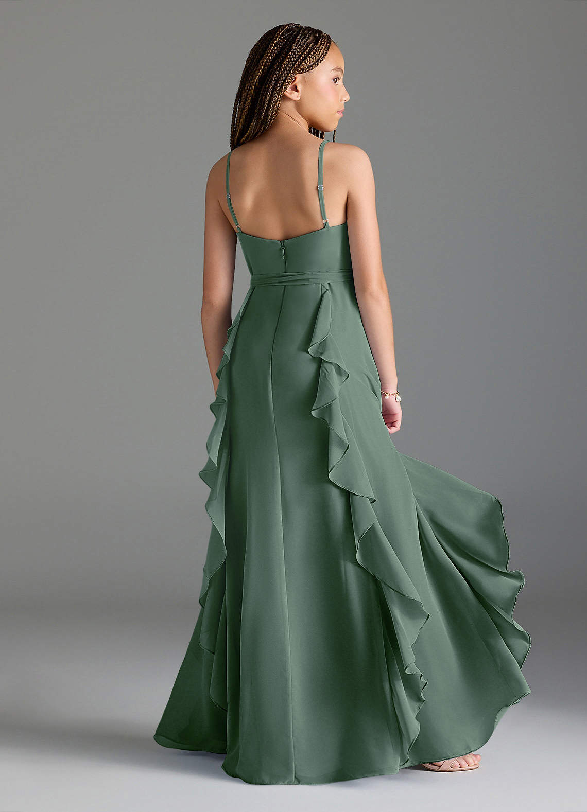 Azazie Peyton Junior Eucalyptus A-Line V-Neck Cascading Ruffles Chiffon Dress image1