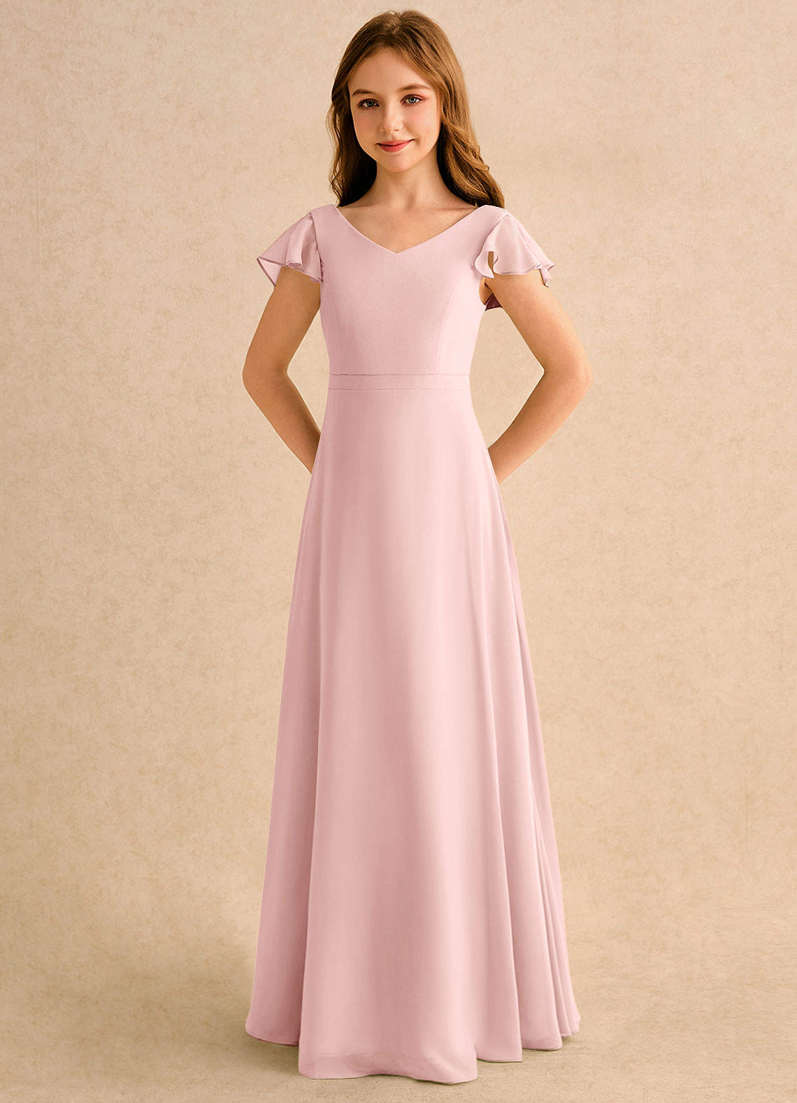 Azazie Nari Girls Formal Flower Girl Dresses Powder Pink A-Line with Sleeves Chiffon Dress image5