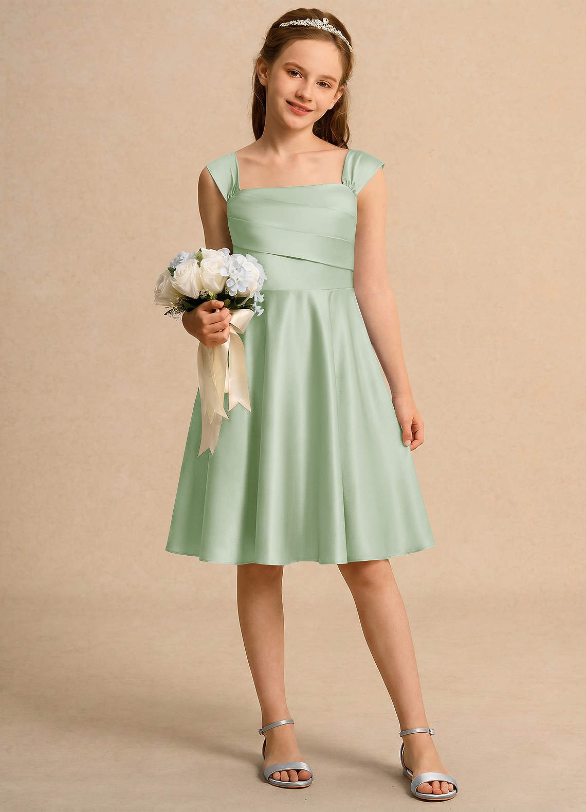 sage knee length dress Azazie A-Line/Princess Square Neck Knee-Length Matte Satin Girl Formal Dresses knee length sage green dress