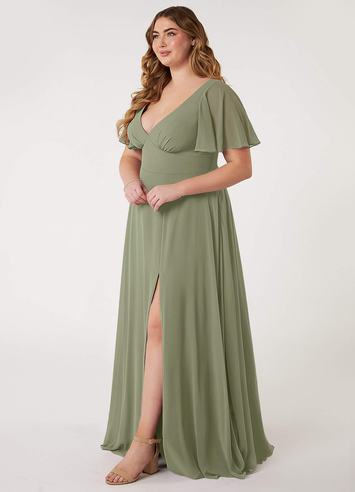 Azazie Kimber Bridesmaid Dresses Pistachio A-Line Flounce Sleeve Chiffon Dress image6