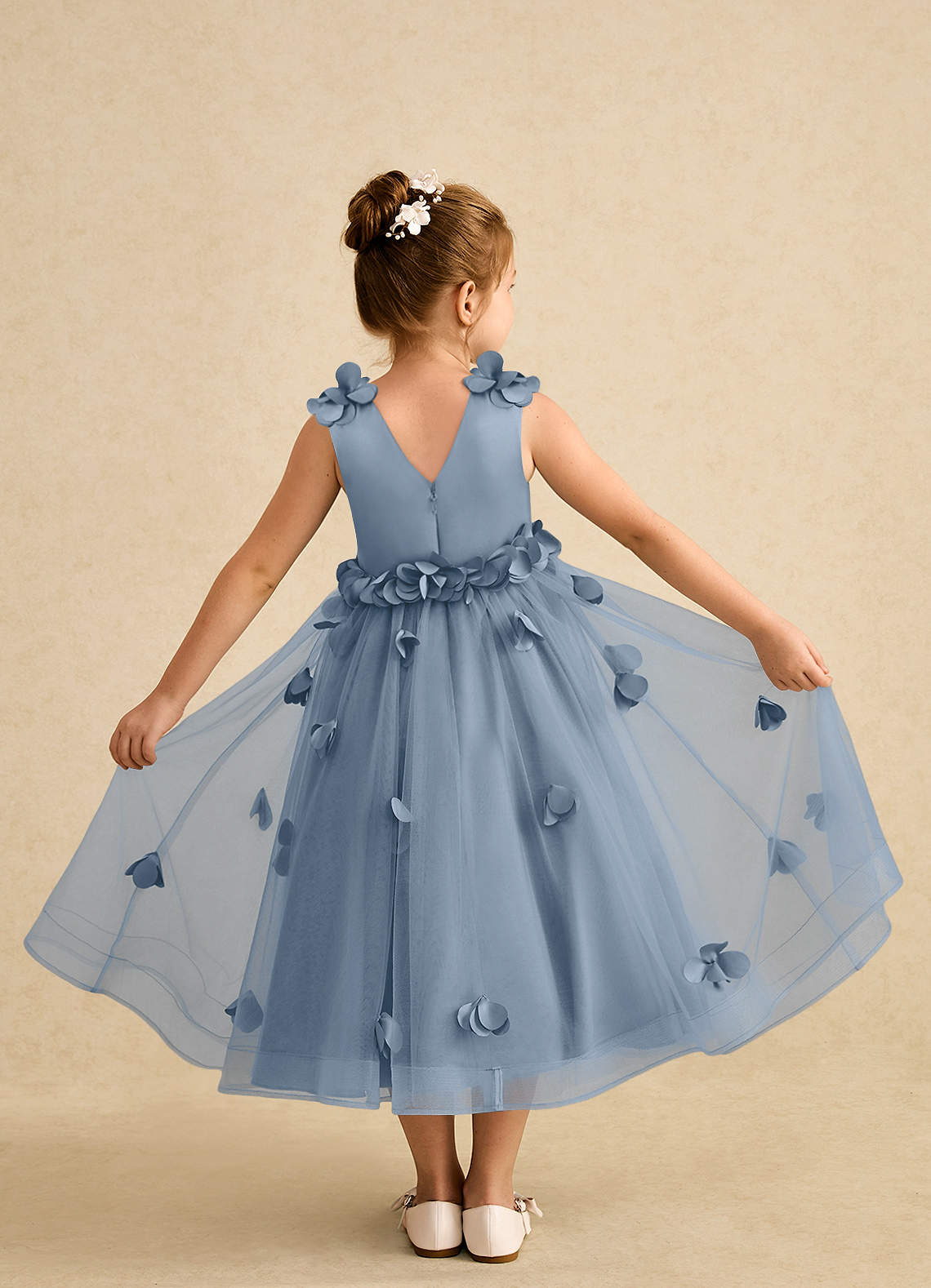 Azazie Atta Jurken voor bloemenmeisjes A-Lijn Jurk van Tule One-Shoulder Stoffig Blauw image1