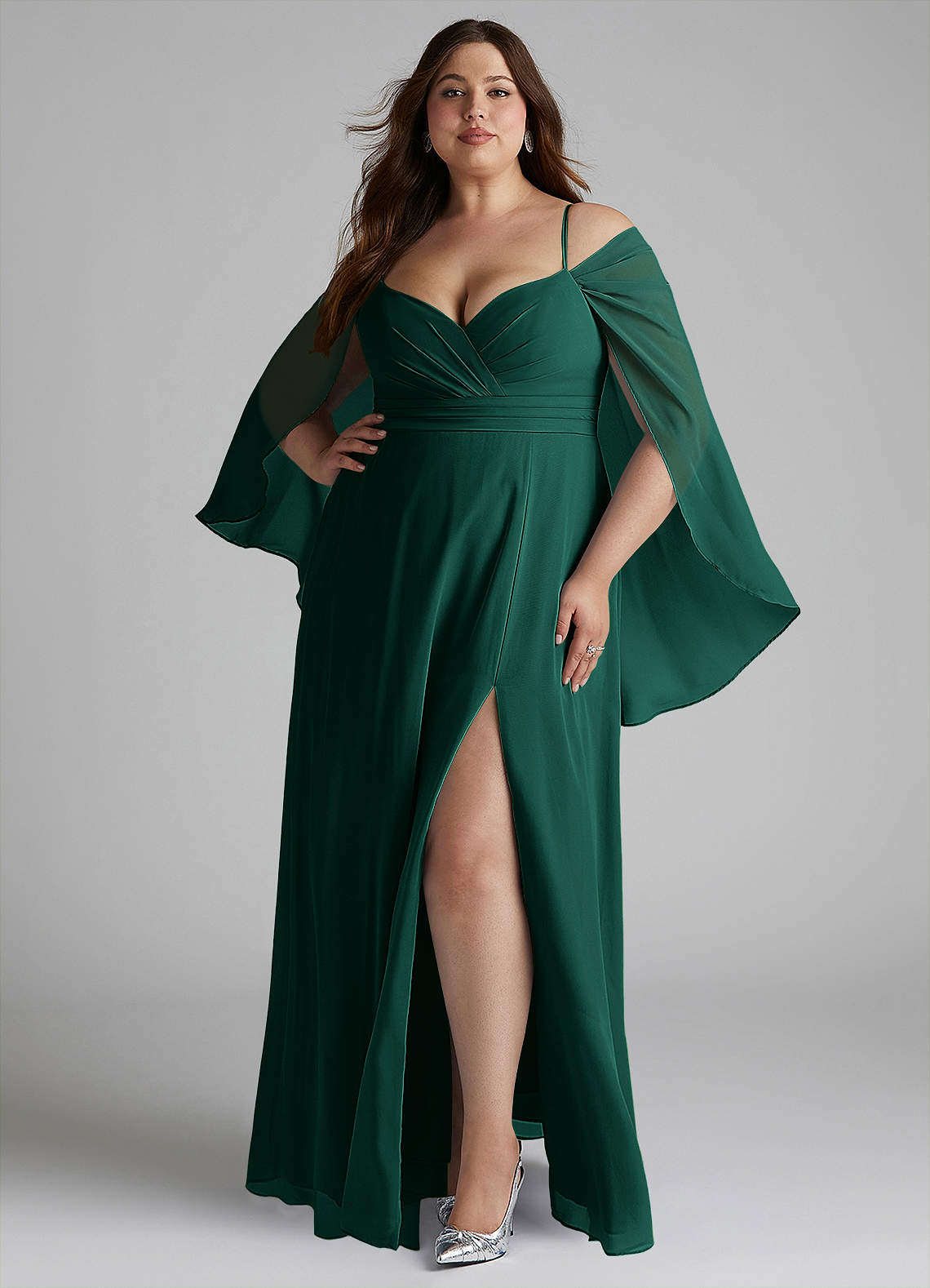 Azazie Cienna Bridesmaid Dresses Emerald A-Line Long Sleeve Chiffon Dress image1