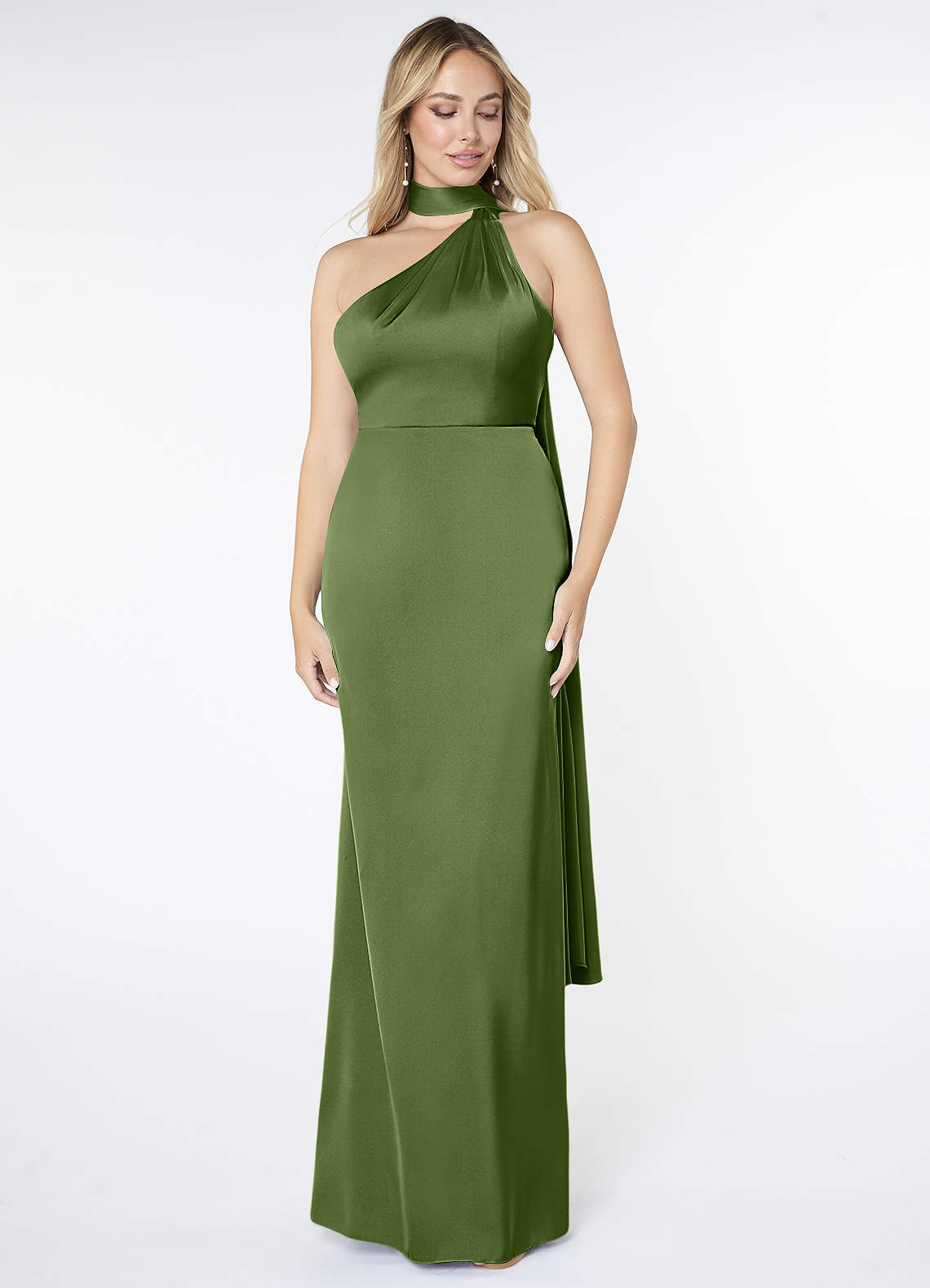 Azazie Kaylani Brautjungfernkleider Meerjungfrau-Linie Hoher Kragen Stretch-Satin Kleid Wacholder image1
