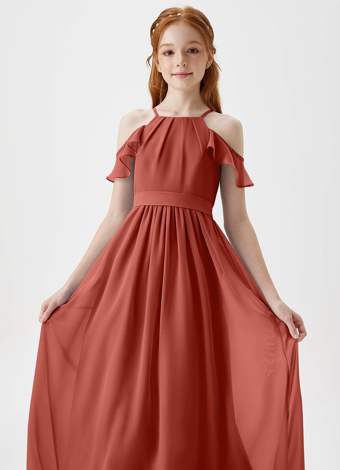 Azazie Chaya Junior Terracotta A-Line Off the Shoulder Chiffon Dress image1