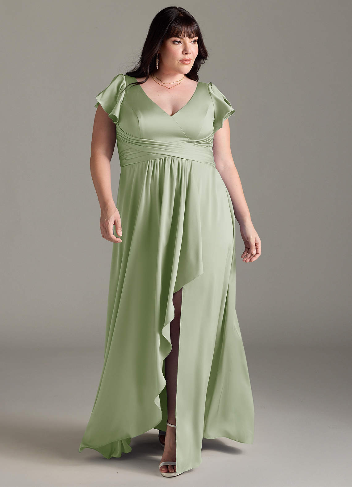 Azazie Omari Brautjungfernkleider A-Linie Stretch-Satin Kleid Staubiger Salbeigrün image1