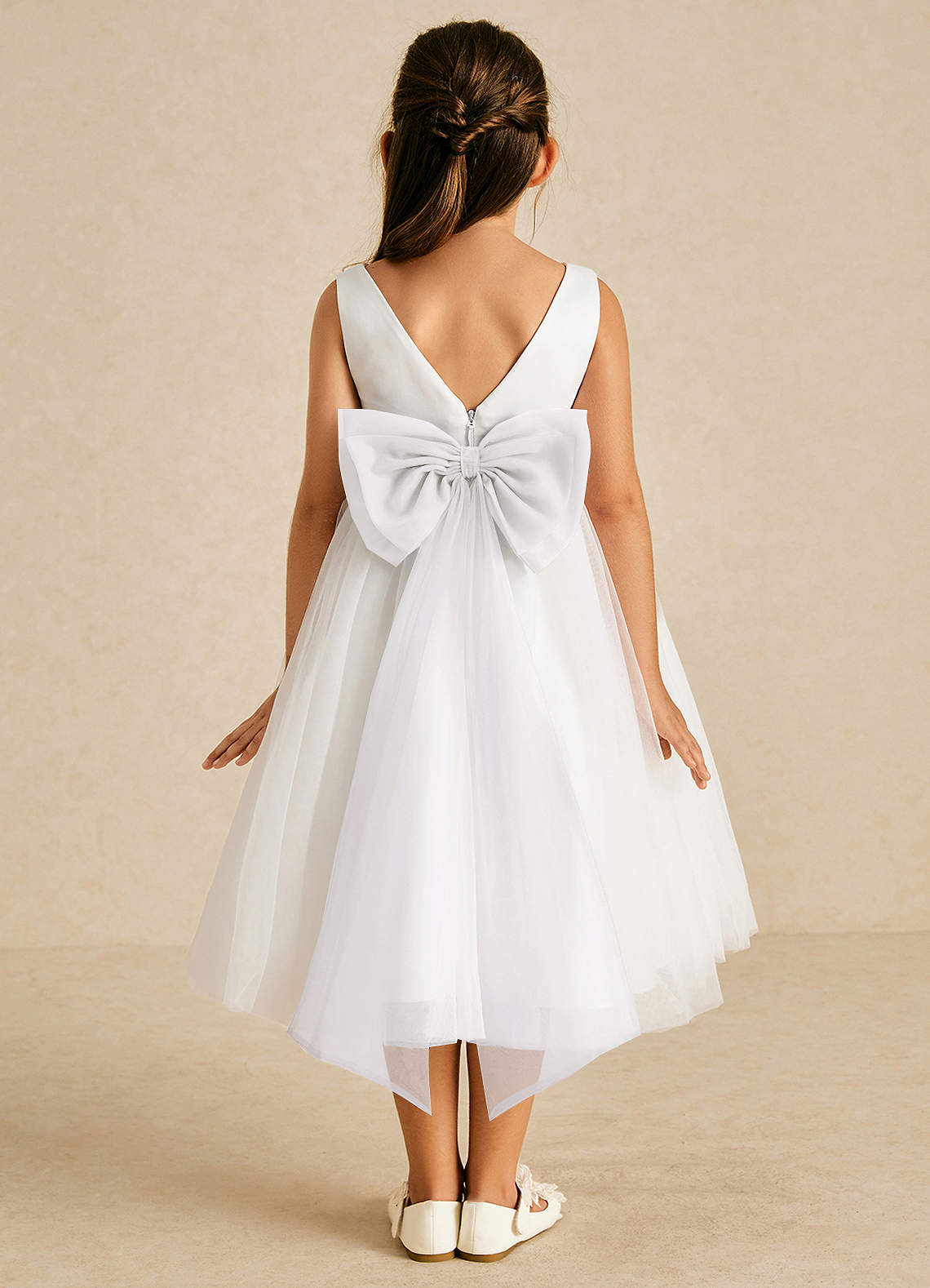 Azazie Kavi Flower Girl Dresses White A-Line Bow Matte Satin Dress image1