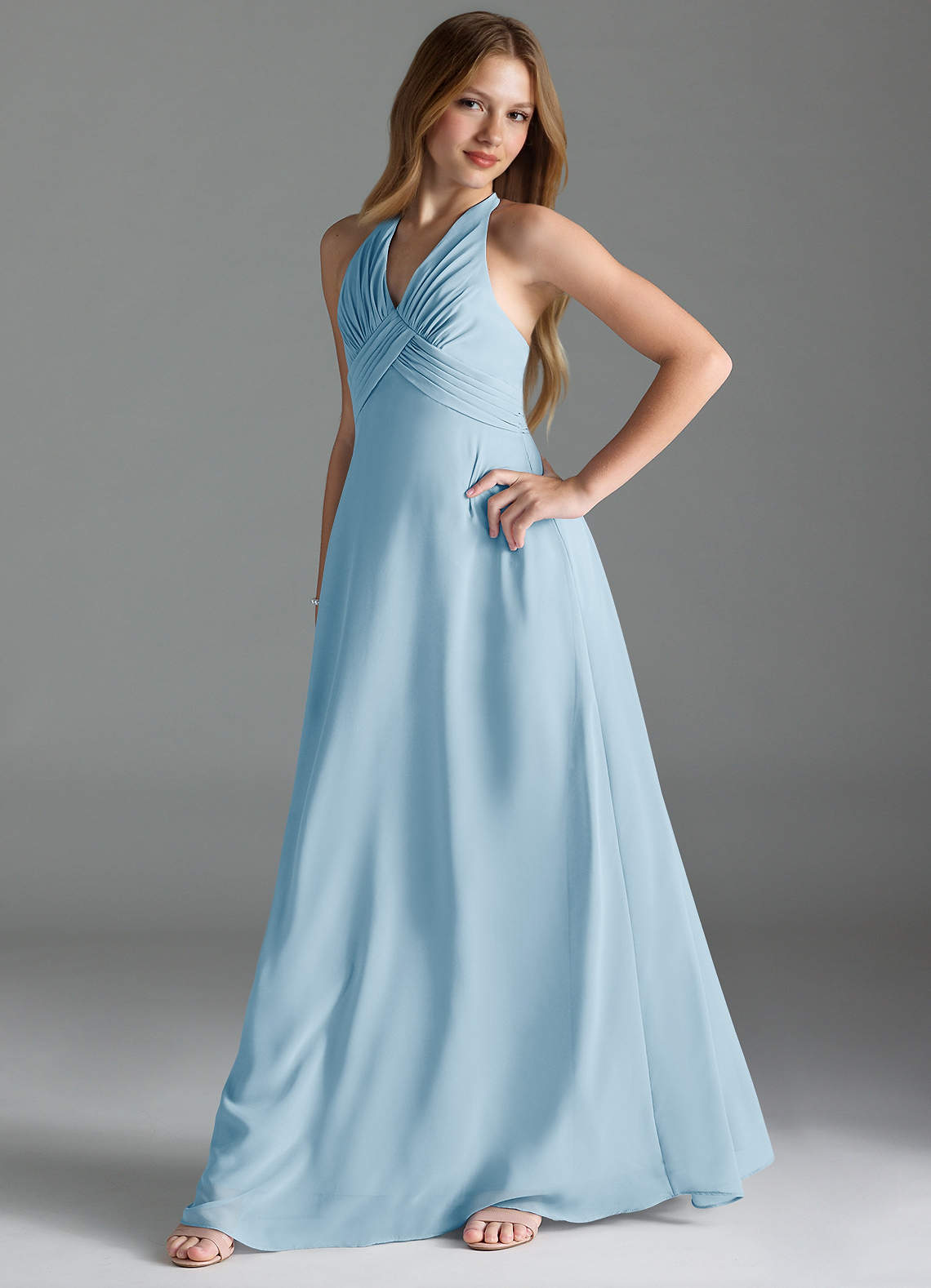 Azazie Tessie Junior Sky Blue A-Line Pleated Chiffon Dress image2