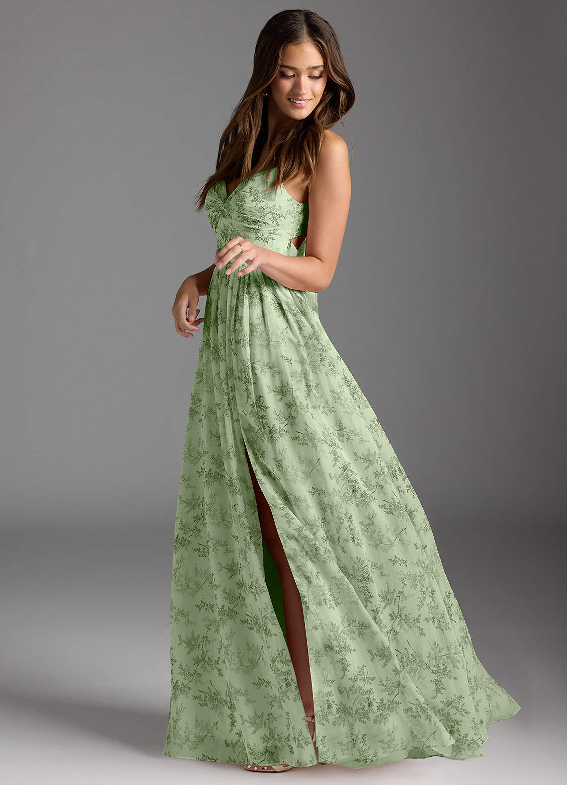 Azazie Zeya Bridesmaid Dresses Green Fern Floral A-Line V-Neck Pleated Chiffon Dress image1